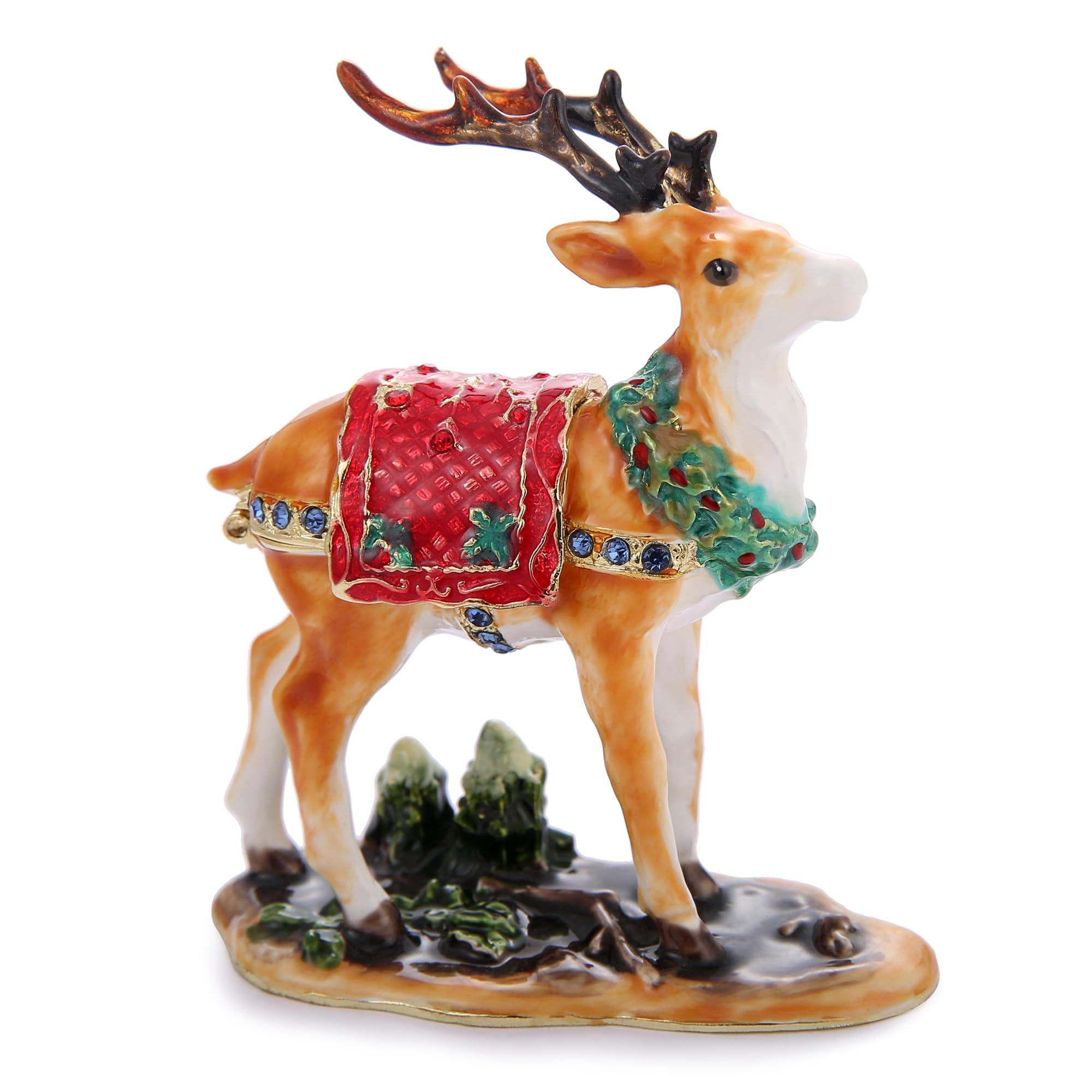 Vie Jeune Yellow Christmas Deer Hand Painted Christmas Trinket Box For Home Decor Accents, Enamel Hinged Jewelry Box For Bookshelf Office Table Desk Decor, Classical Figurine Collectible Keepsake Sculptures (Yellow Christmas Deer)
