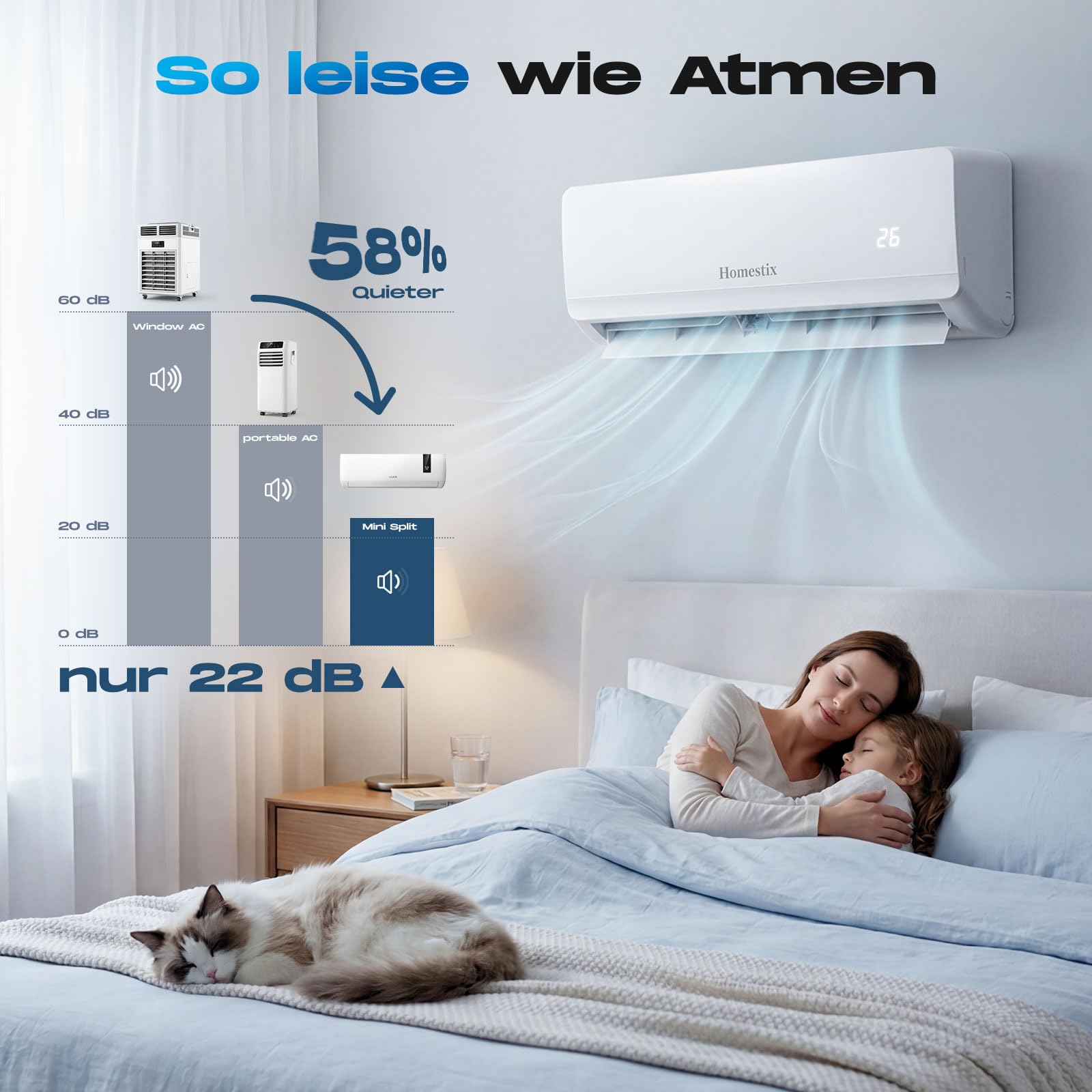 Split Klimaanlage 12000 BTU，4-in-1-Kältegerät mit Heizen, Kühlen, Entfeuchten und Lüften, bis70 m², ultraleise, Fernbedienung & APP, 24h-Timer/Schlaf/ECO-Energiesparmodus, inkl. Montagematerial