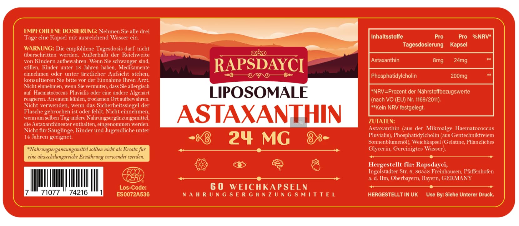 Astaxanthine Liposomale en Gélules Molles - NON OGM - 60 gélules molles pour un usage quotidien