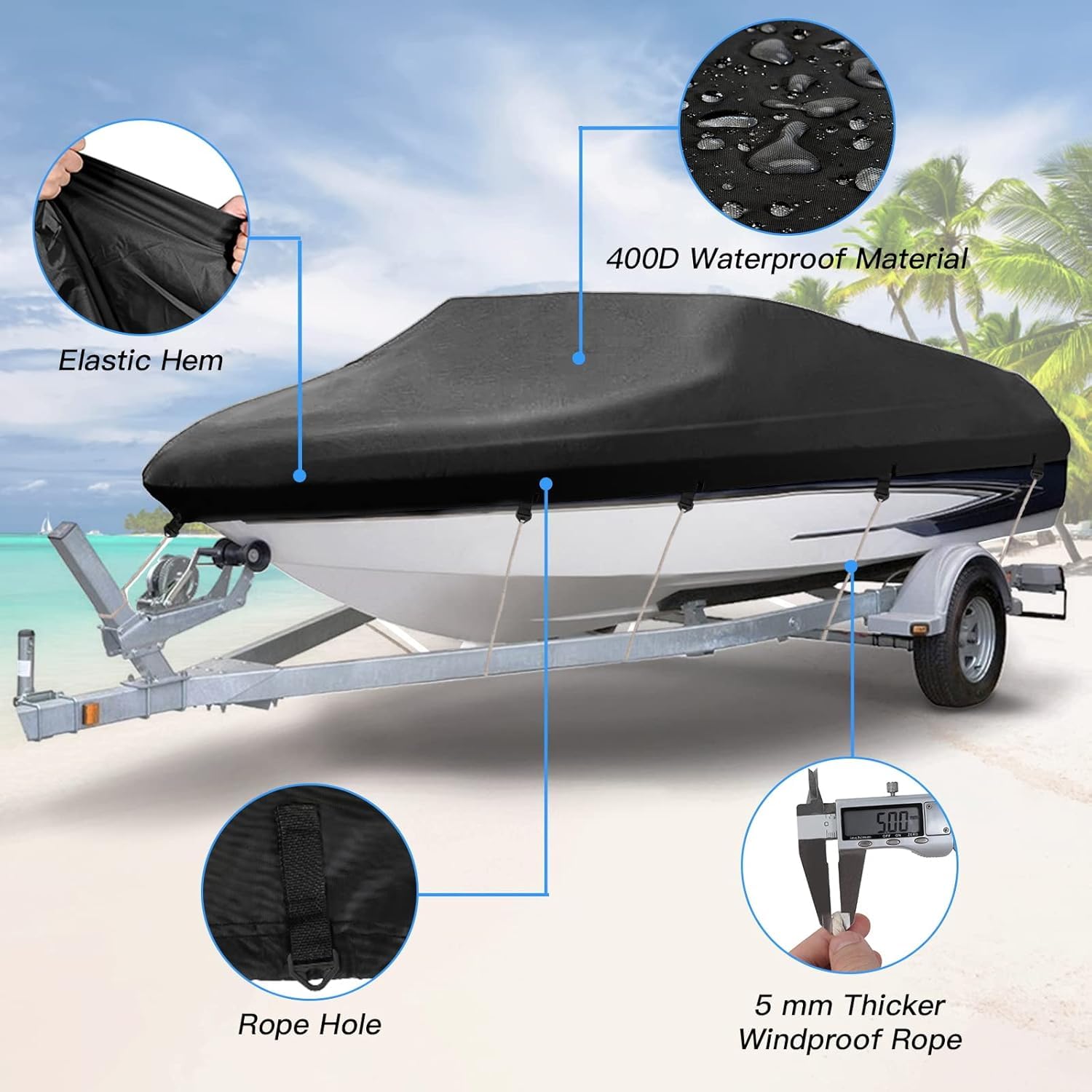 NEVERLAND Bootsplane Wasserdicht 4000PA, 420D Oxford Tuch Abdeckplanen Für Boote,Bootspersenning, Boot Persenning, Bootspersenning Schutz Cover Schwarz, V-Rumpf Boat Cover Universelle