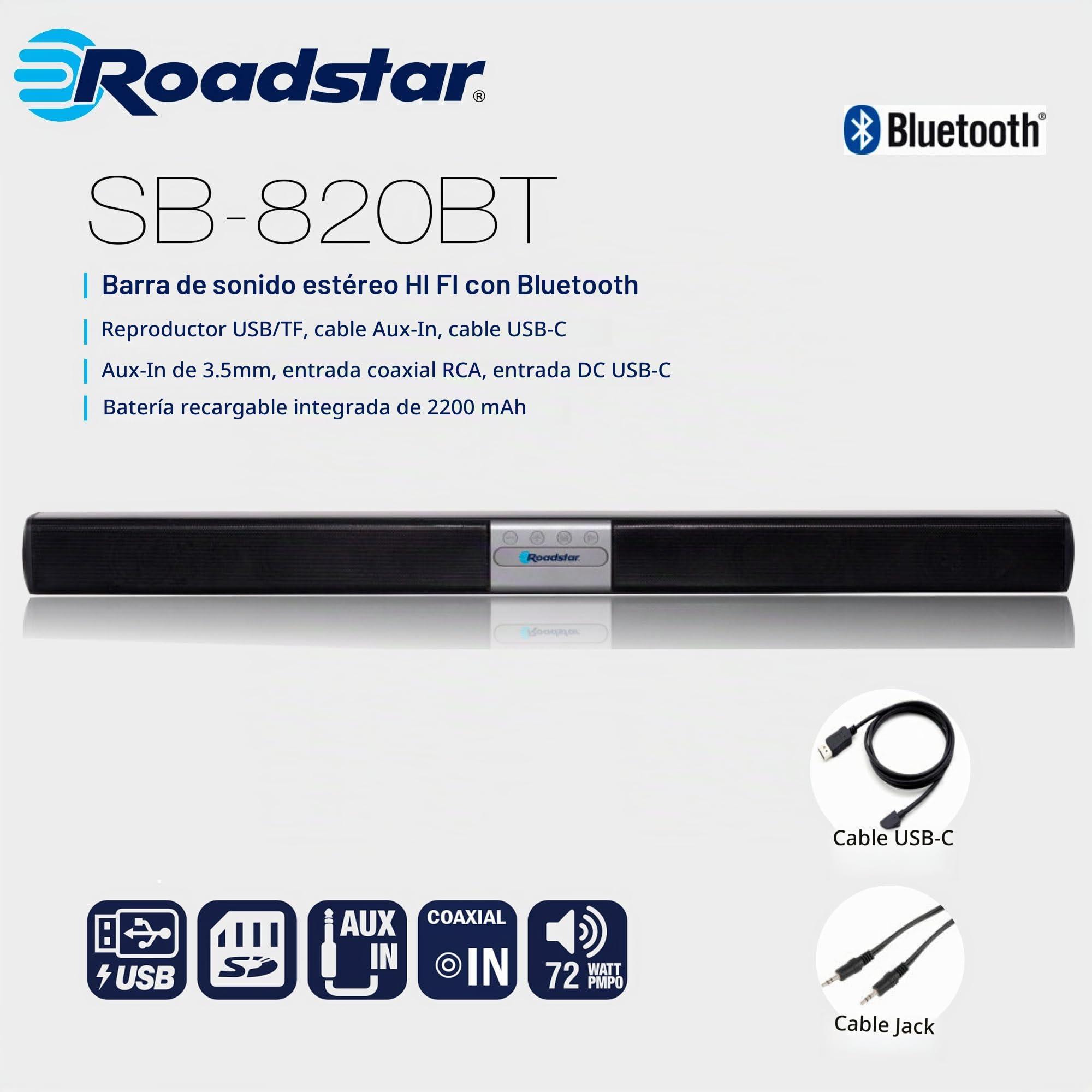 Roadstar Barra de Sonido TV Bluetooth Soundbar HI FI para Televisor o Pc, Altavoces Estéreo 72W, Reproducción RCA, AUX y USB, Inalámbrica, Batería Recargable 2200 mAh, SB820BT