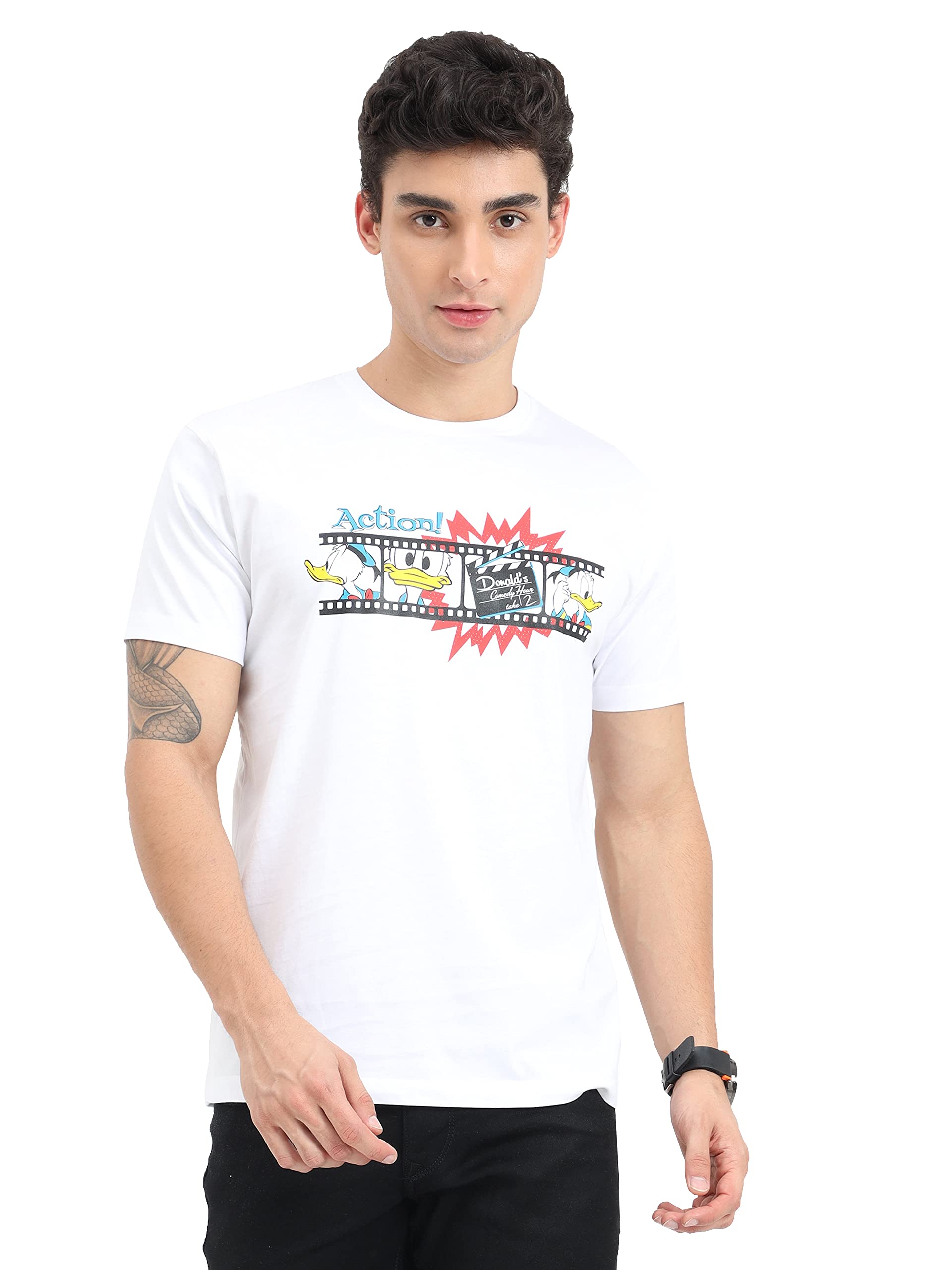 COOFTBrand Donald Duck Action Mood Design Print White Colour Regular Fit Round Neck T-Shirt for Men | Official Licensed Disney Merchandise
