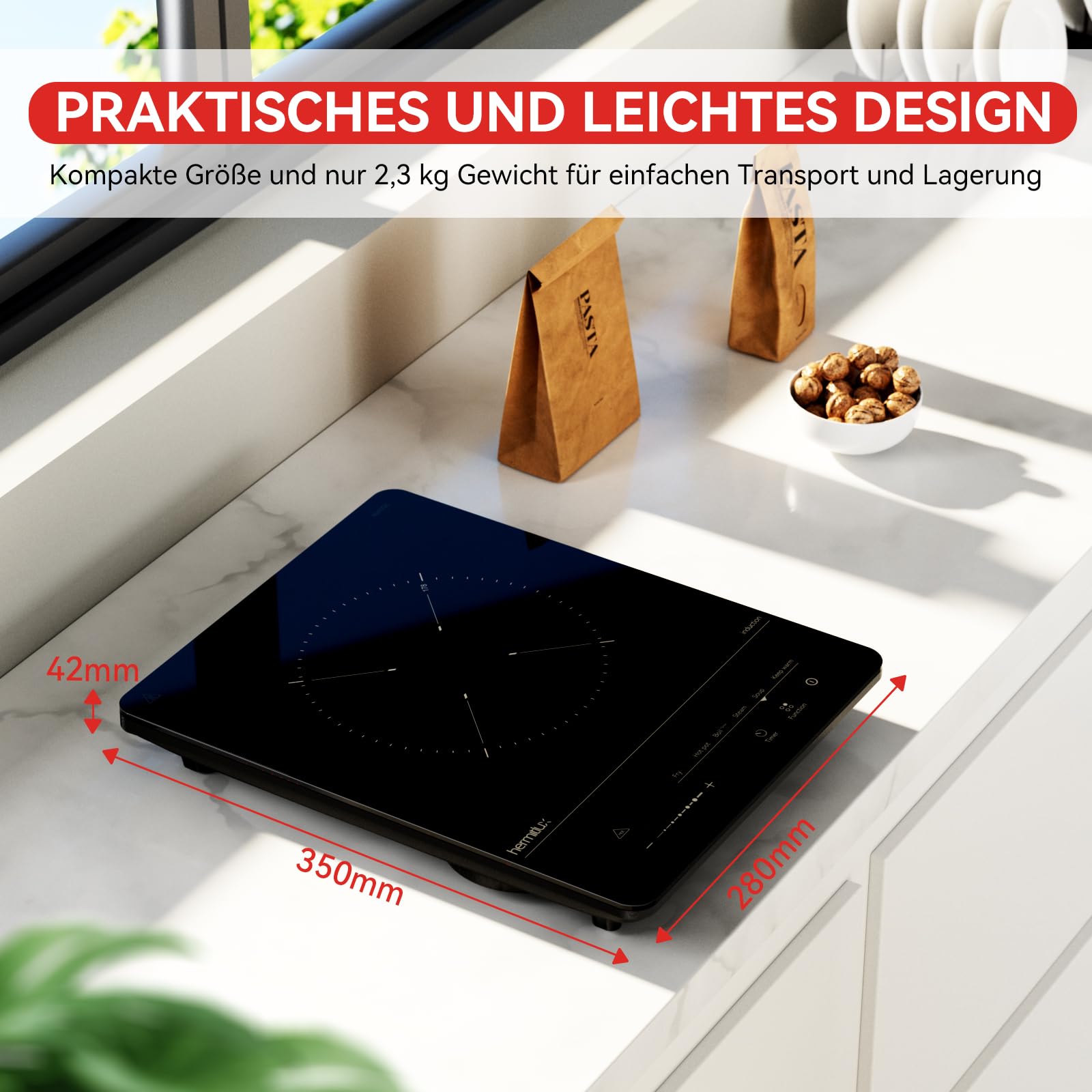 Hermitlux Induktionskochfeld 1 Platte 2100W 28cm mit Timer Touch-Steuerung 9 Leistungsstufen Kindersicherung Glaskeramik
