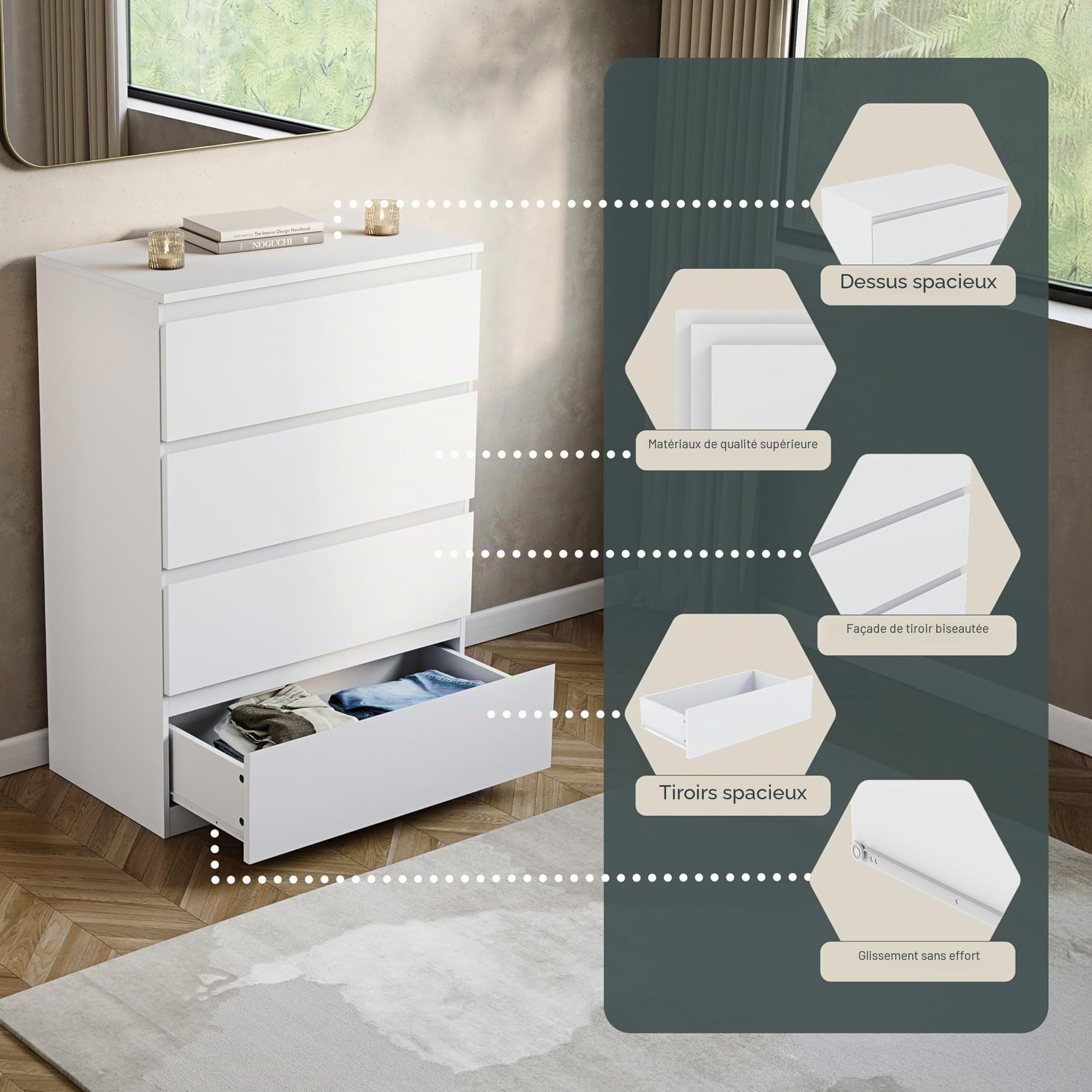 Vida Designs Denver Commode à tiroirs (Blanc, 4 tiroirs)
