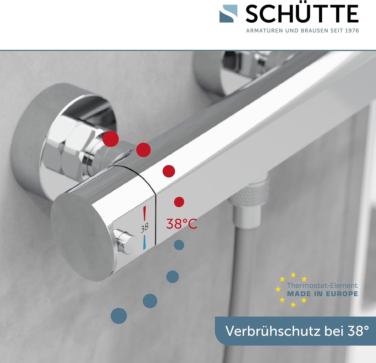 Close-up of the 38°C safety lock on the SCHÜTTE Vita Thermostatic Shower Mixer