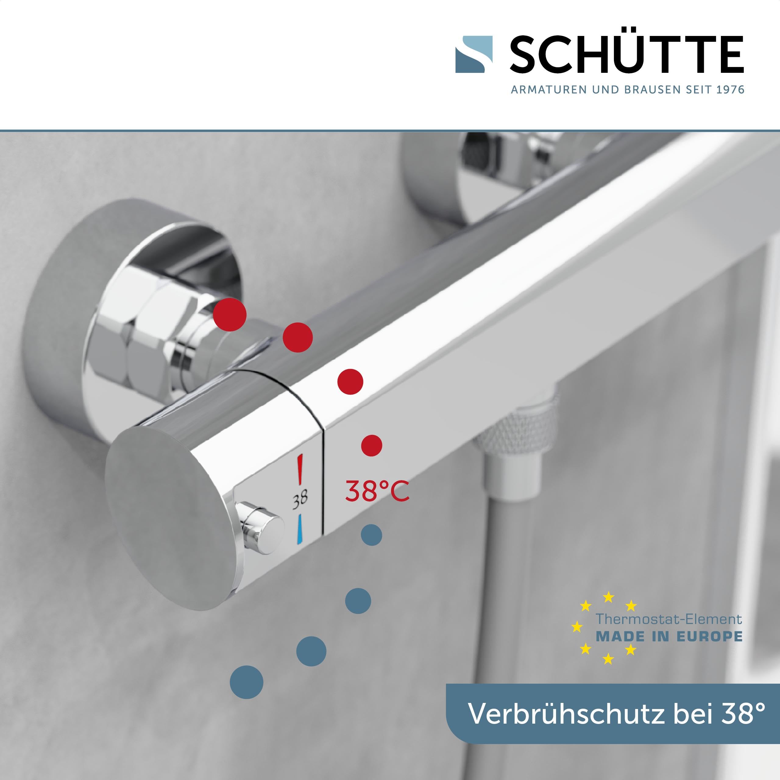 SCHÜTTE 52425 VITA Thermostat Duscharmatur, Brausethermostat Brausearmatur, Mischbatterie mit Verbrühschutz bei 38℃, Duschthermostat, extra flache Armatur für die Dusche in Chrom