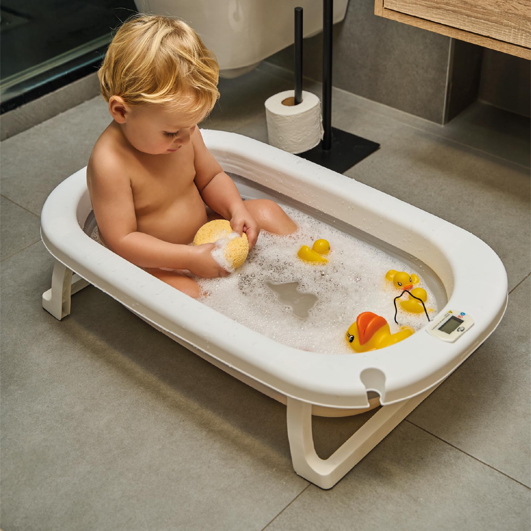 Ms Babyworld – FLEX + TERMOMETRO + CUSCINO – Vaschetta da bagno pieghevole e flessibile | Fino a 24 mesi | Termometro | Cuscino riduttore per neonati | Piedini antiscivolo | Indicatore di temperatura