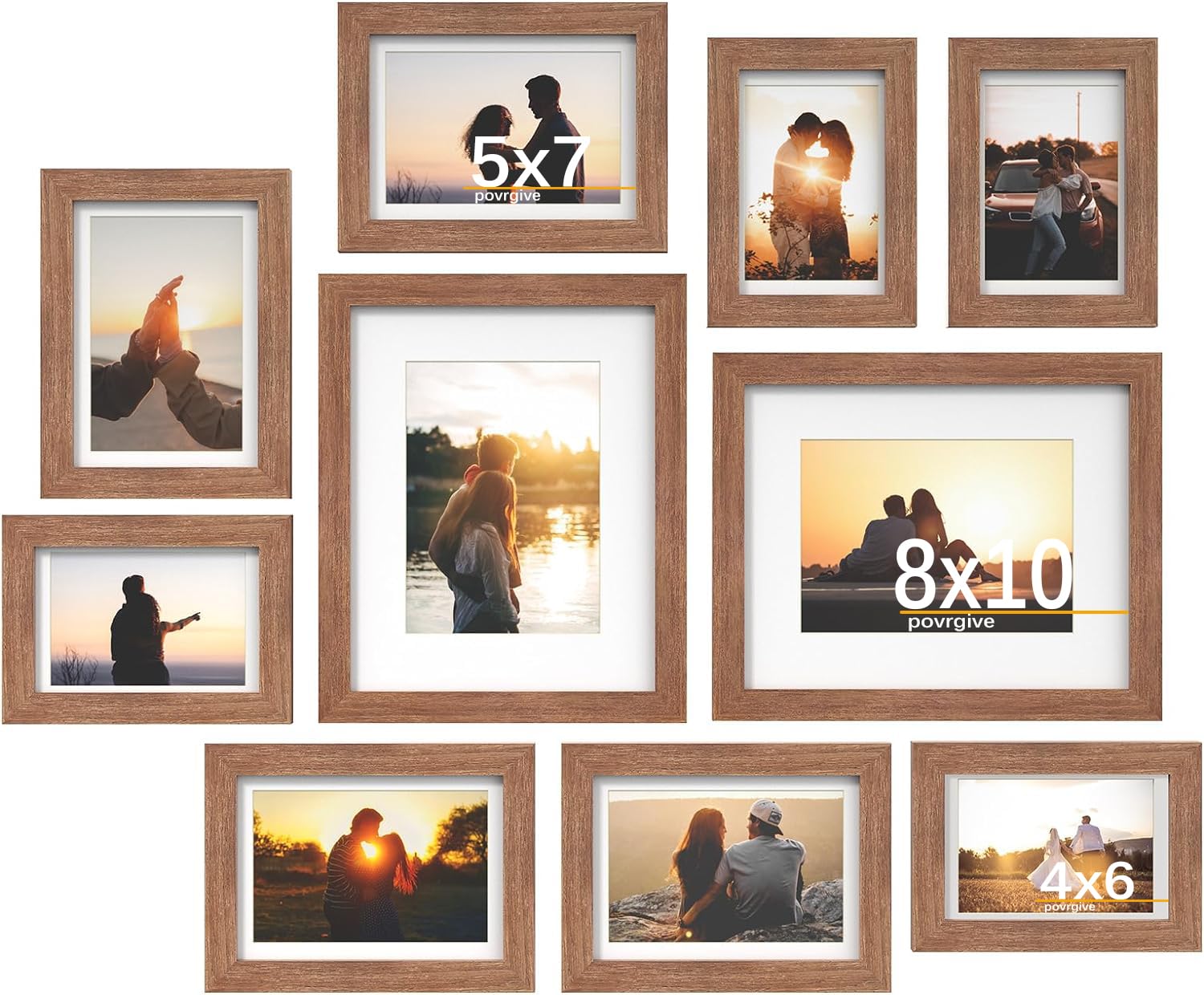 Povrgive Picture Frame Set 10 Pack, Picture Frames Collage Wall Decor with Mat for Multiple Sizes Photos, Two 8x10, Four 5x7, Four 4x6, Photo Frames for Wall and Tabletop, Rusic Brown