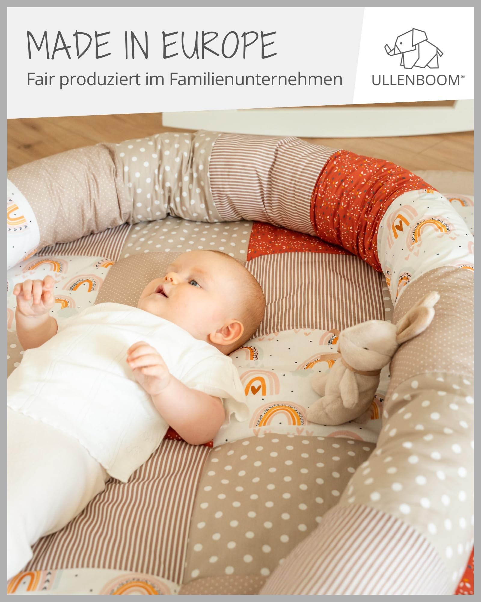 ULLENBOOM ® Baby Kuschelschlange 400x13 cm Regenbogen (Made in EU) - Kuschelschnecke in vielen Farben und Größen, Bezug: 100% OEKO-TEX Baumwolle, Nackenrolle