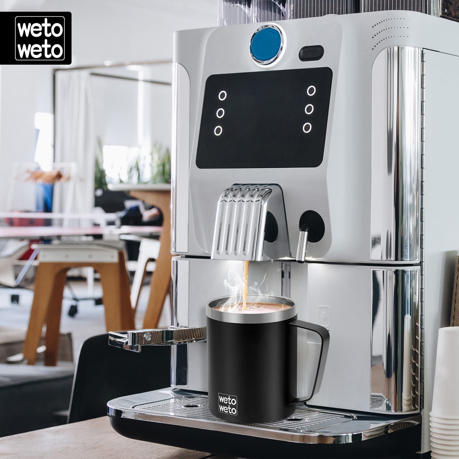 WETOWETO Taza de café con asa, taza de café reutilizable de acero inoxidable aislada de 14 onzas, taza de café de doble pared, taza de viaje de café con recubrimiento en polvo negro