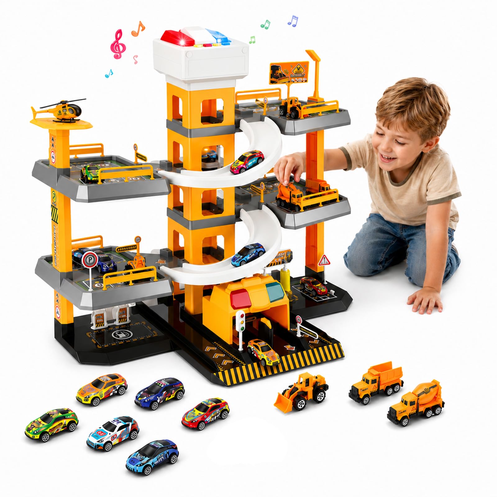 Parcheggio per bambini, 5 piani, con 14 auto e 1 elicottero, parcheggio per bambini con ascensore, luce e suono, regalo per bambini dai 5 ai 9 anni