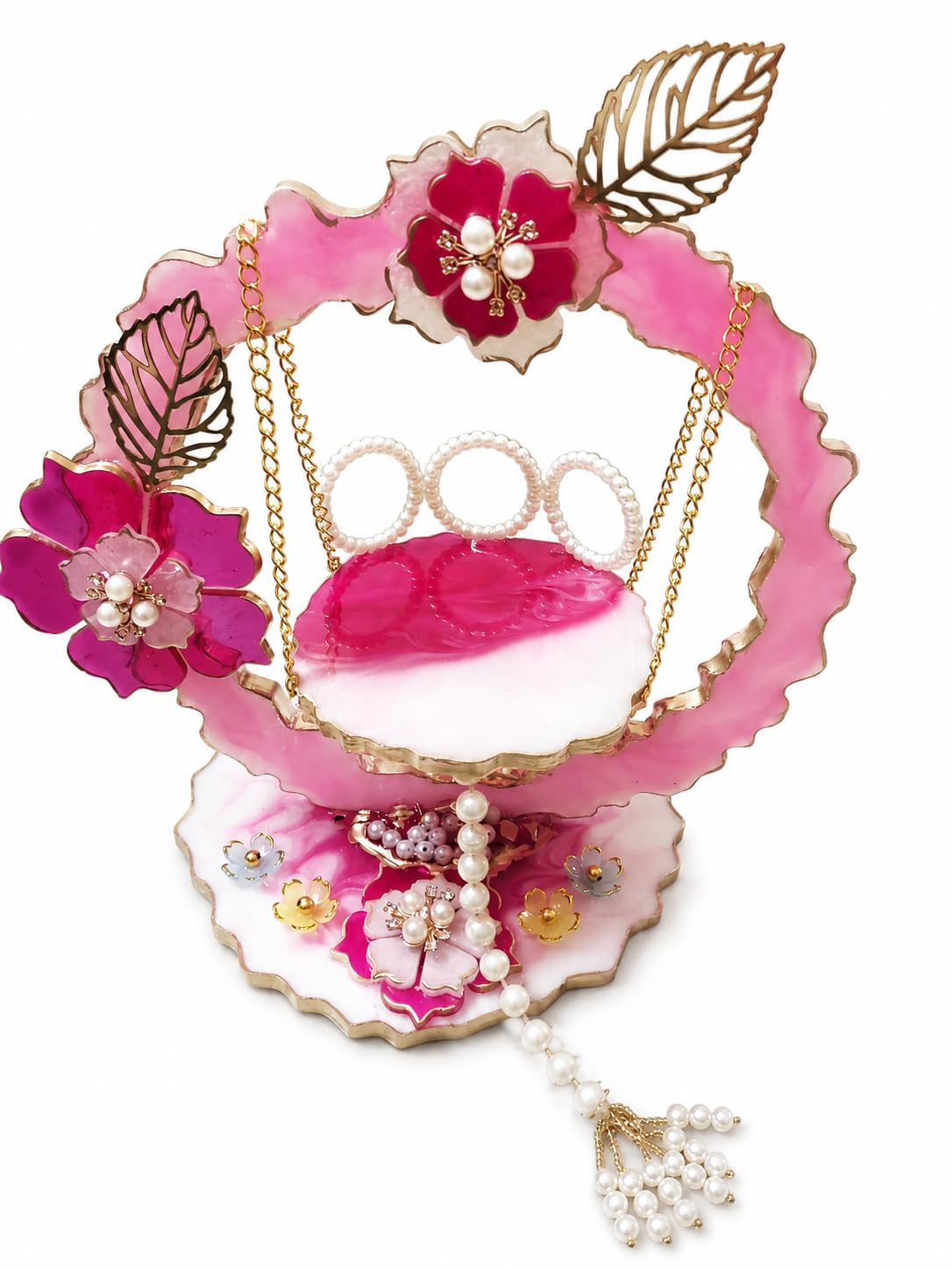 Handmade Resin Kanha Ji Jhula for Laddu Gopal 8 Inch | Janmashtami Décor, Temple & Home Mandir, Decorative Krishna Swing, Floral Pearl Design, Bal Gopal Palki-picture-16