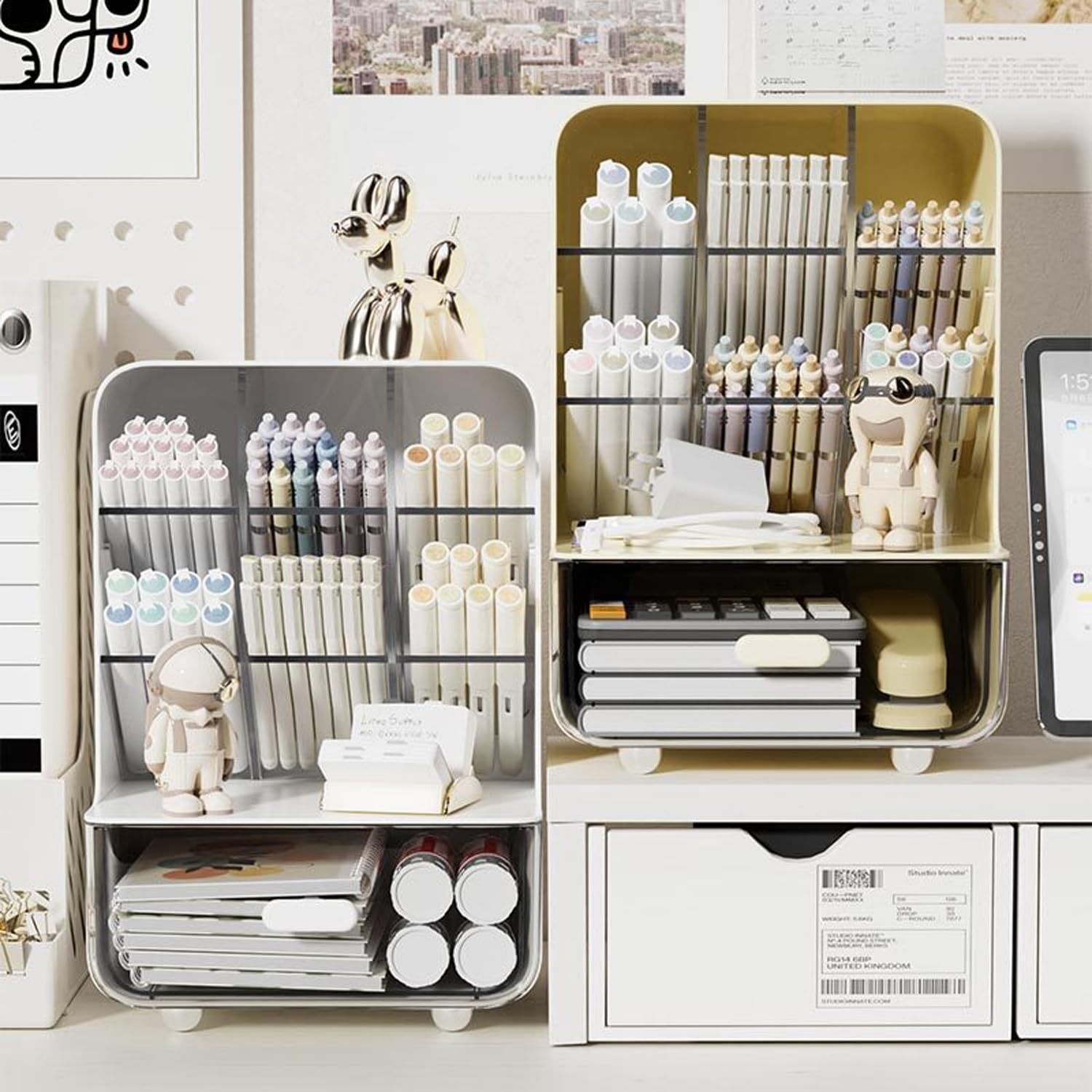 Pen Organizer for Desk, Desk Organizer with Drawer, Multi-Functional Pencil Holder with 6 Compartments and 1 Drawer Organization Storage Accessories for Office Home School Workspace (White)