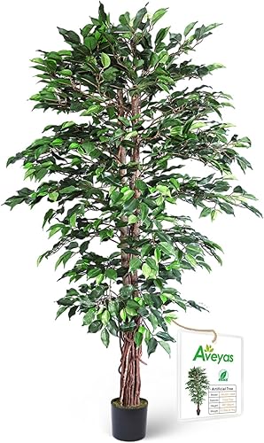 Aveyas Árbol de ficus artificial de 6 pies para decoración del hogar, 6 pies, árboles de seda sintética con maceta para interiores y exteriores,