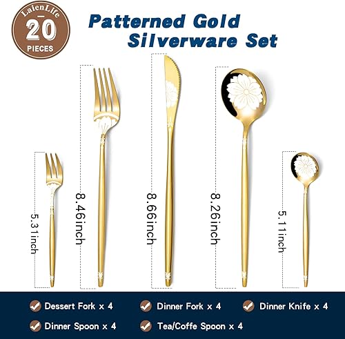 Miniatura 9 de Juego de cubiertos dorados de 20 piezas servicio de cubiertos de acero inoxidable para 4 utensilios únicos LaienLife juego de tenedores cuchillos y