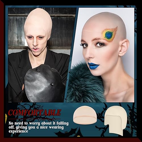 Miniatura 4 de Syhood 2 piezas de gorra calva de látex para Halloween, gorra de peluca de cabeza calva, sombrero calvo, disfraz de cosplay para adultos (blanco,