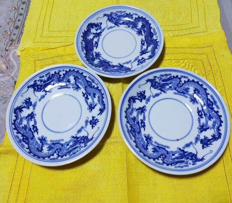 アンティーク 中国景徳鎮 染付龍紋 14cm皿 3点セット Yahoo