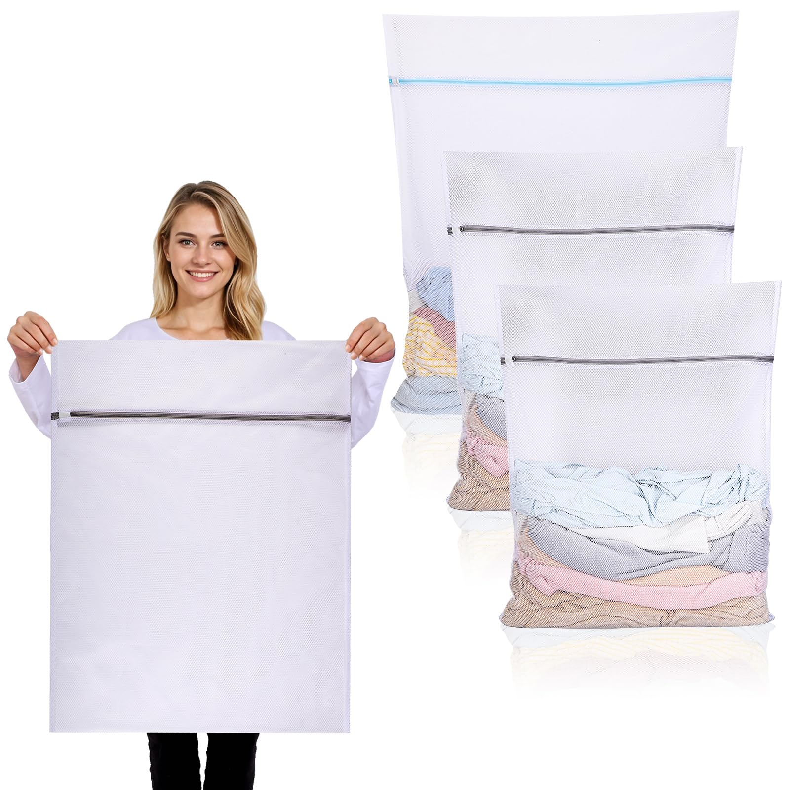 Dntorx 3 Stück Wäschenetz Groß, Wiederverwendbar Wäschenetz für Waschmaschine Große Wäschesack Waschmaschine mit Reißverschluss für Hemden Pullover Mäntel Hosen (XL 50x60cm,XXL 60x80cm,XXXL 90x110cm)