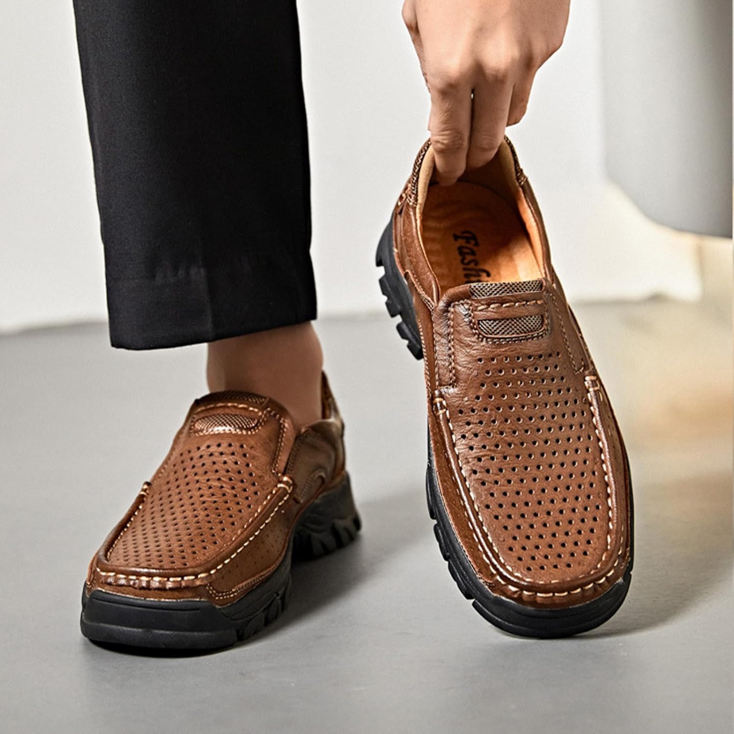 Men's Slip On Outdoor Arch Support Loafers,Comfort Hand-Stitching Leather Elastic Non-Slip Travel Hiking Casual Shoes - Image 6