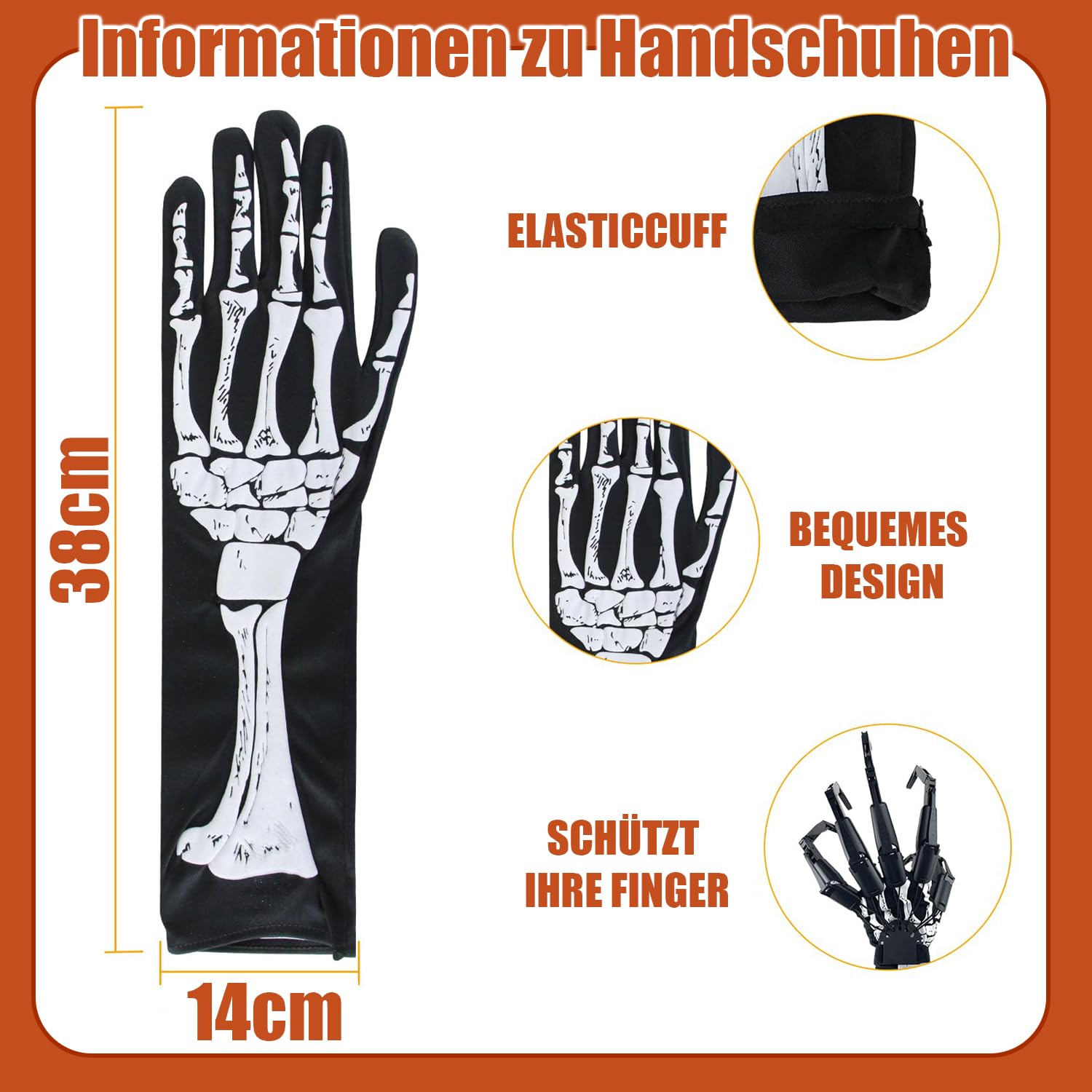 1 paio di dita articolate nere di Halloween, indossabili per dita articulate, con teschio e ditate, per tutte le dita e regolabili, per feste di Halloween, costume cosplay