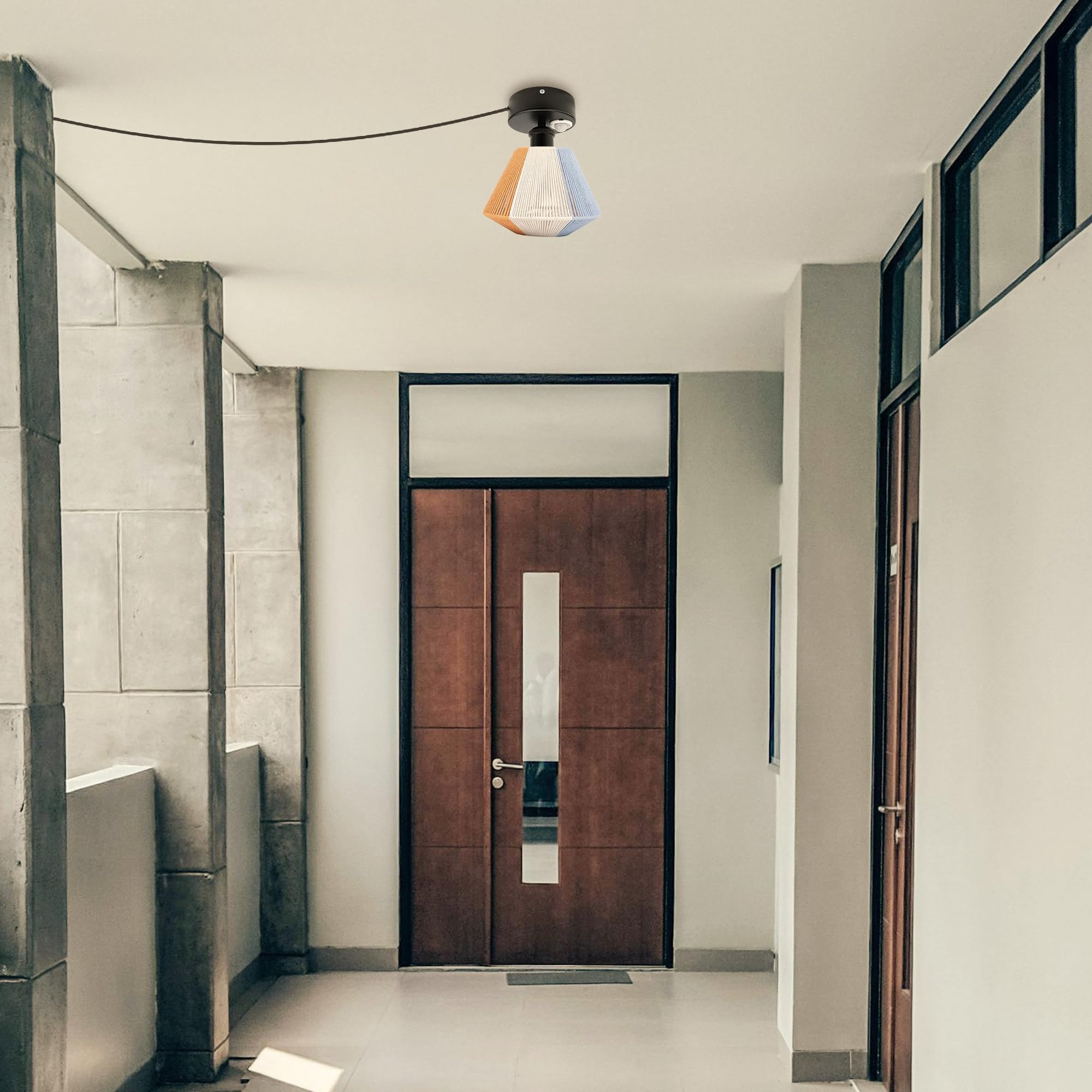 Lampada da soffitto con sensore di movimento interno, stile boho rattan, lampada da soffitto radar, sensore di movimento con cavo da 4,5 m e portalampada E27, per corridoio, bagno, scale,
