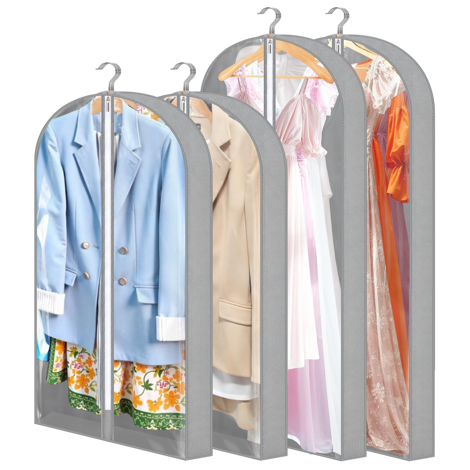 Dntorx 4 Stück Kleidersack, 152 x 60 cm + 100 x 60 cm Kleidersäcke mit 10 cm Seitenfalten, Transparente Kleiderschutzhülle mit Reißverschluss Kleiderhülle für Anzug Hemd Kleider Mantel