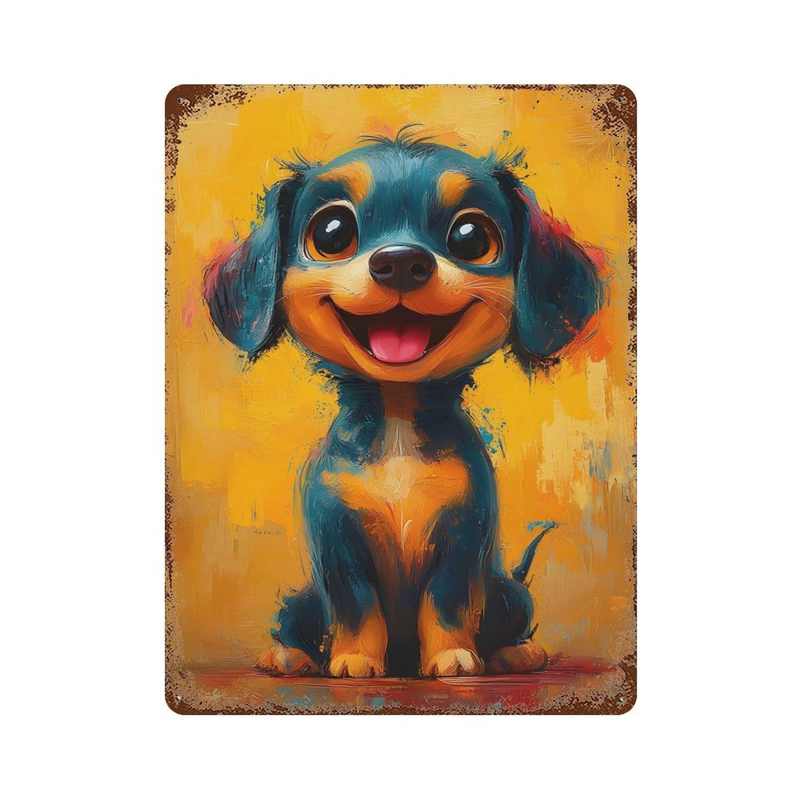 Rust Effect Smiling Dachshund Painting Rusty Metal Tin Sign 15.7"x11.8", Farmhouse Wall Decor for Shed, Workshop And Garage Wall Decor