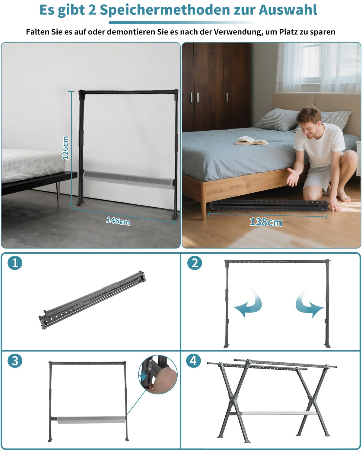 OUUTMEE Tendedero plegable de 138-238 cm, perchero de ropa de aleación de aluminio y magnesio para uso doméstico en interiores y exteriores, extensible