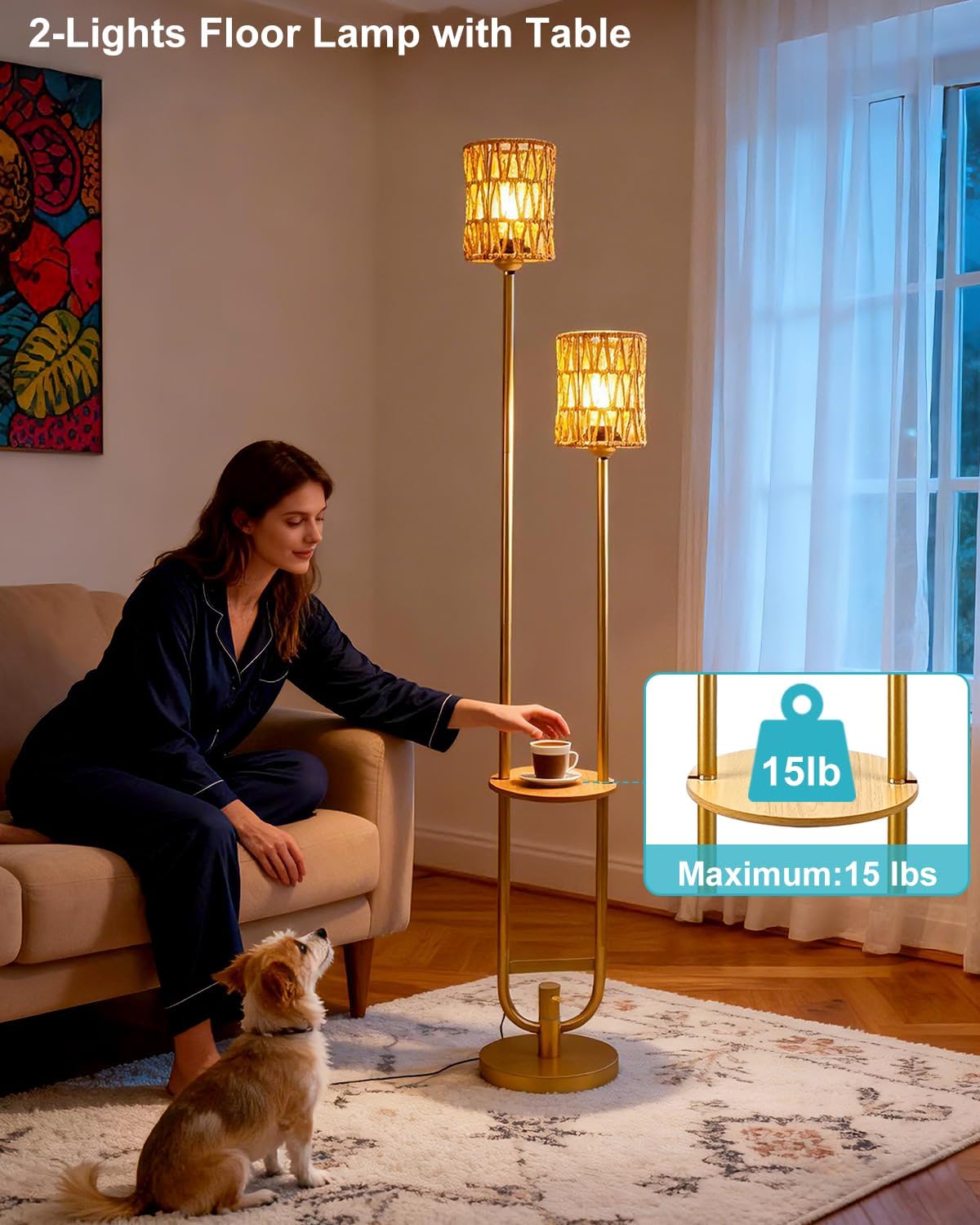 Lightdot 63IN Gold Floor Lamp with Table& Rattan Shades Mid Century Standing Lamps with Warm White Bulbs Included, Unique Vintage Tall Floor Lamp for Living Room/Wedding/Party/Sofa Beside/Corner Decor