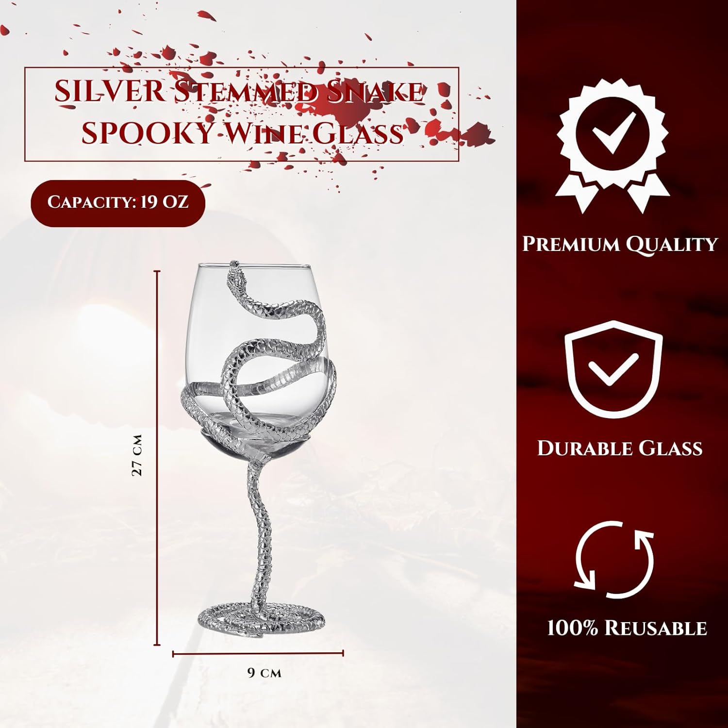 Stemmed Snake Wine Glasses, Set of 2 Glass, 19oz 10 Inch Tall Gothic Reptile Goblet - Silver Decor Skeleton Inspired Gifts Graveyard Themed Parties Seasonal Entertaining & Unique Gift - Image 4