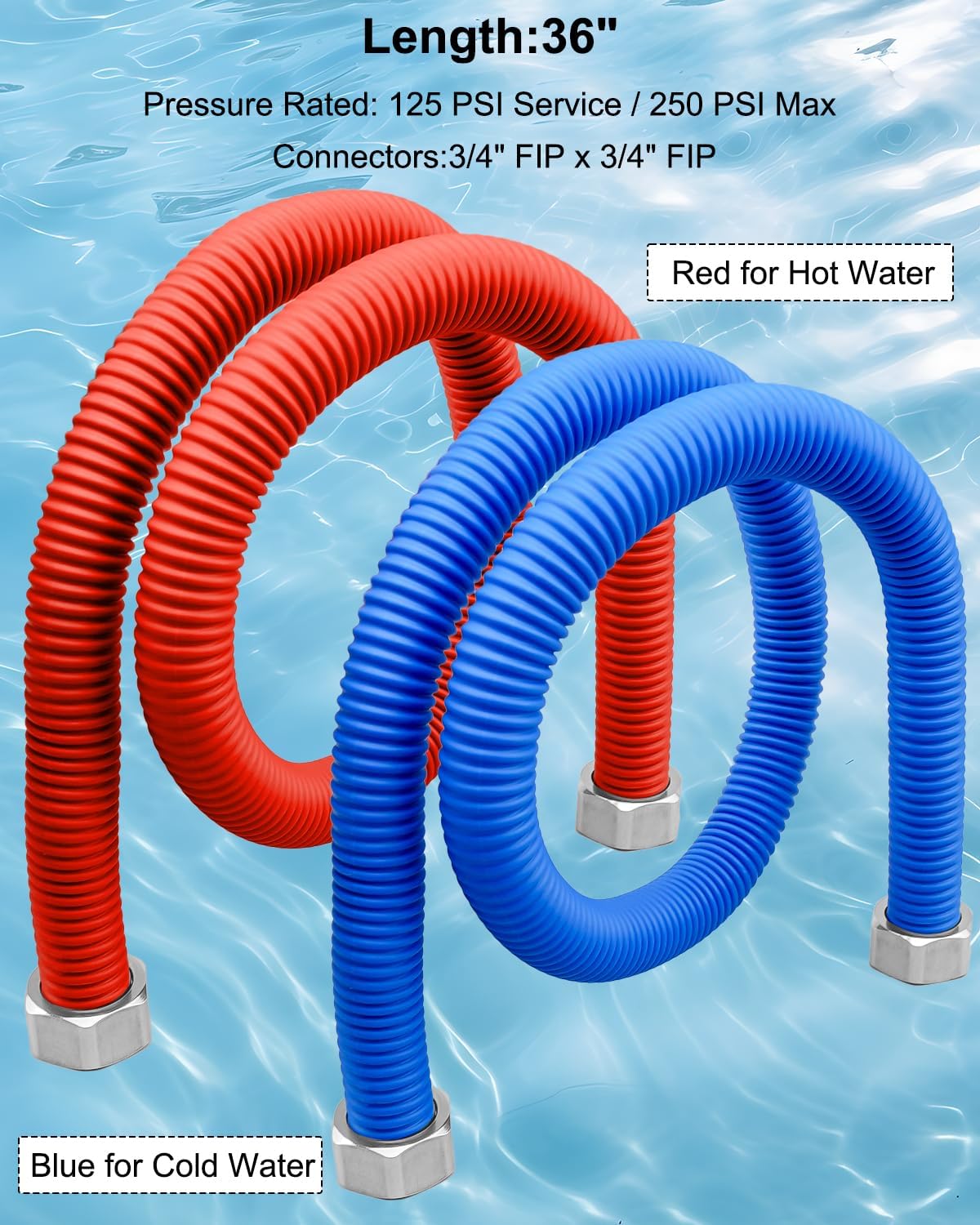 2Pcs Flexible Stainless Steel Corrugated Water Heater Connector, 3/4" FIP x 3/4" FIP Hot and Cold Color Water Heater Flexible Hose, 36" Length