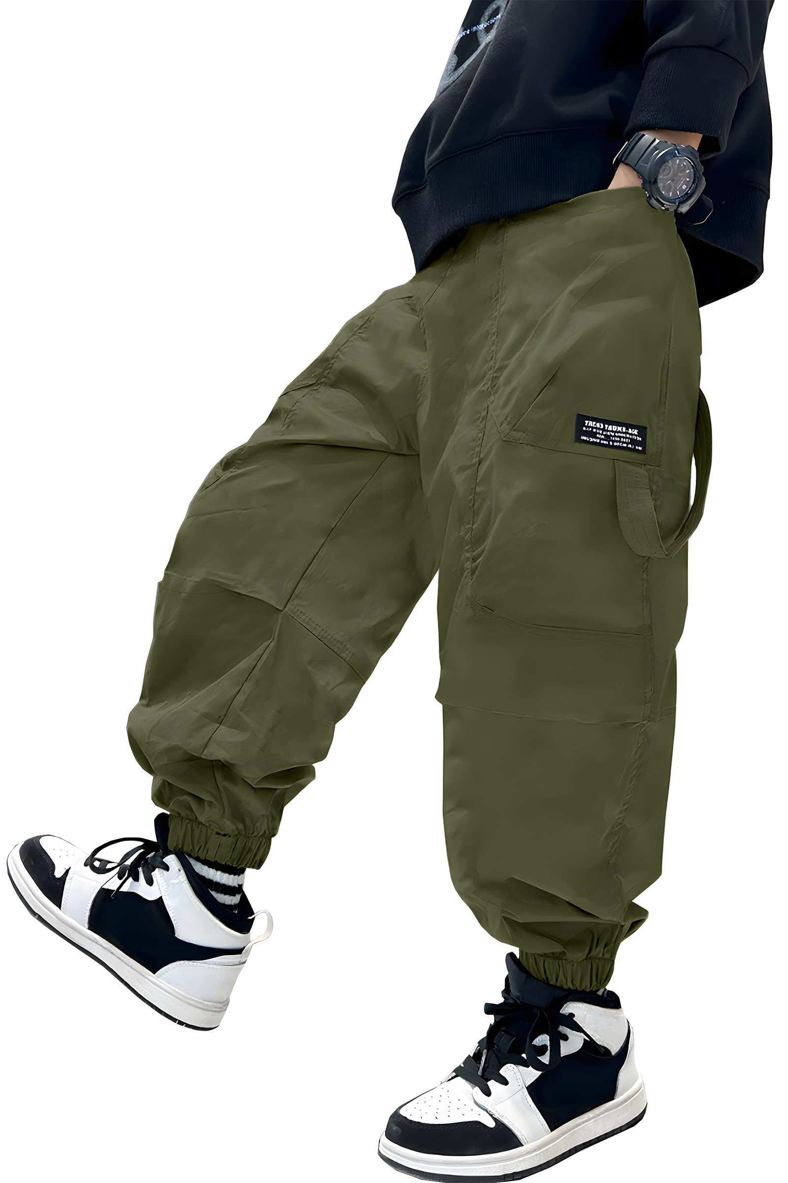 Pantalones cargo casuales verdes para niños de 5 a 14 años de estilo militar 8