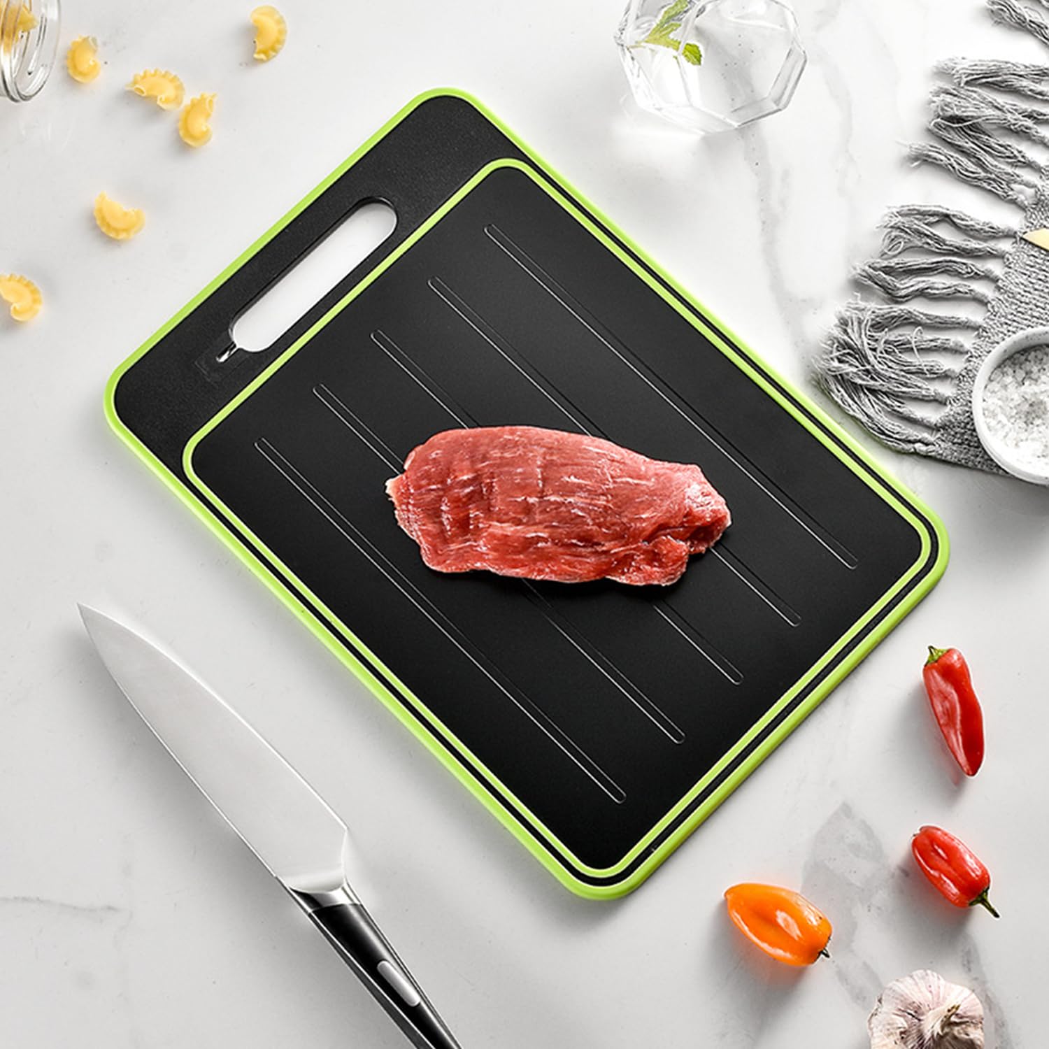 Tabla de cortar de doble cara, 2 tablas de verduras con piedra de afilar, tamaño grande + tamaño pequeño, acero inoxidable de grado alimenticio y material de polipropileno de paja de trigo, ecológica