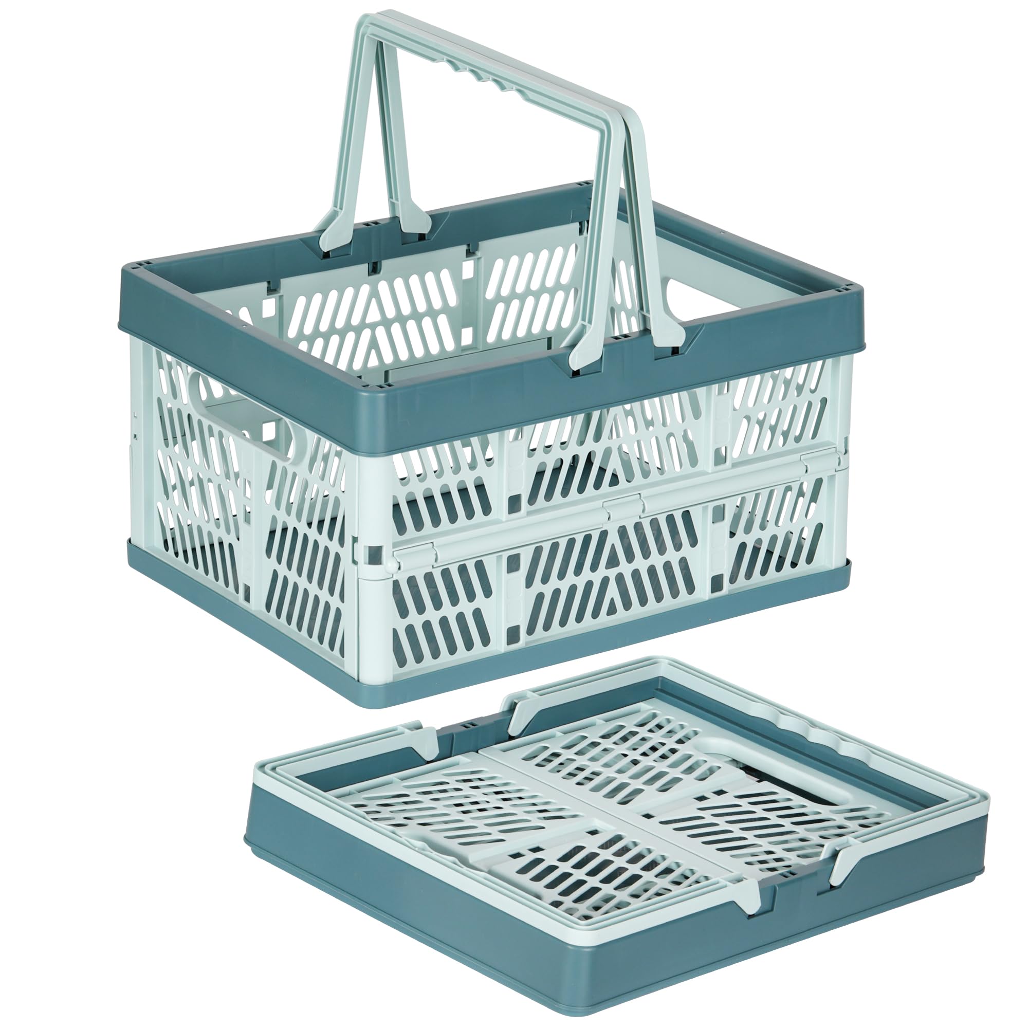 PAG-Mass 2×30L Collapsible Storage Crates with Handle,Portable Outdoor Picnic Shopping Basket,Plastic Folding Crate for Milk Clothes Toy Book Snack Grocery Storage,Blue