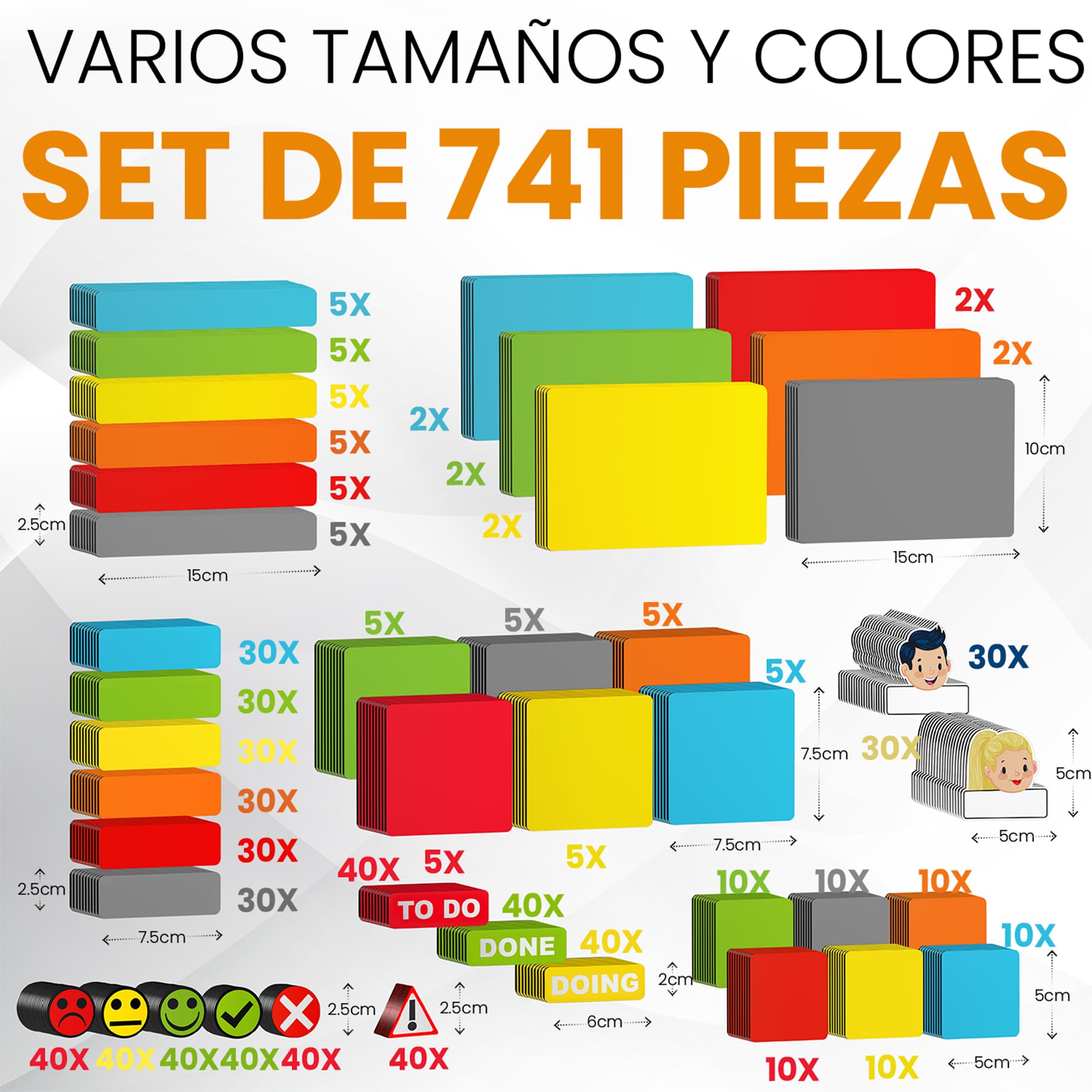 741 Tiras Magnéticas Reescribibles - Set 5 Tamaños Diferentes | 6 Colores - Accesorios Scrum & Kanban - Imán Reescribible - Para Pizarras Magnéticas, Neveras