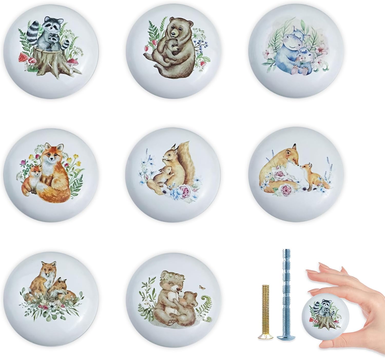 8Pack1.5 Flower Safari Animals Ceramic Cabinet Knob Cute Bear Nursery Kids Furniture Handle Round Dresser Drawer Knobs and Pulls