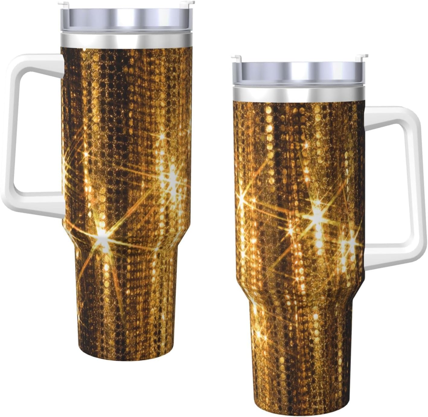 40 OZ Gold Sequin Sparkle Print Ice Bully Cup with Handle Straw Lid Straw,Stainless Steel Tumbler Coffee Cup