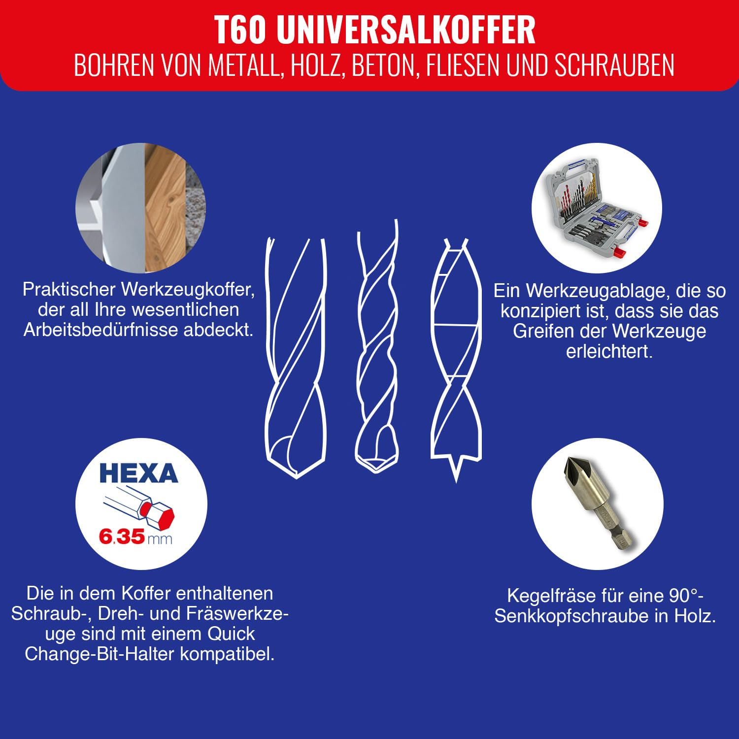 TIVOLY - Set aus Bohrern + Bits - Zum Bohren und Schrauben - 60-teiliges Koffer-Set: 8 Metallbohrer, 7 Holzbohrer, 4 Flachbohrer, 4 Betonbohrer, 1 Bit-Halter + 30 Bits