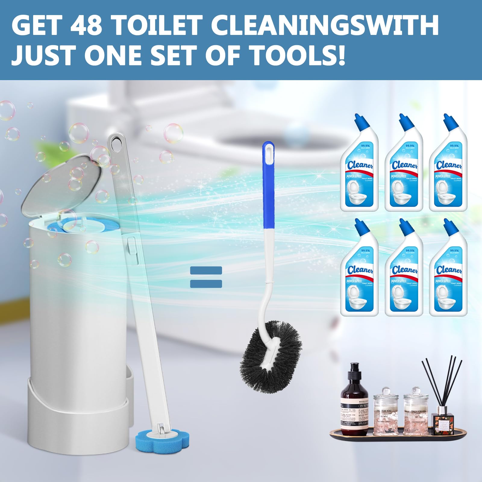 Scopino WC Usa e Getta,Spazzola WC Monouso Set con 48 Ricariche Detergenti,Set da 2 con Scopini per WC con Manico Allungato e Supporto,Scopino per WC con Staffa Adesiva per Pulizia Bagno e WC