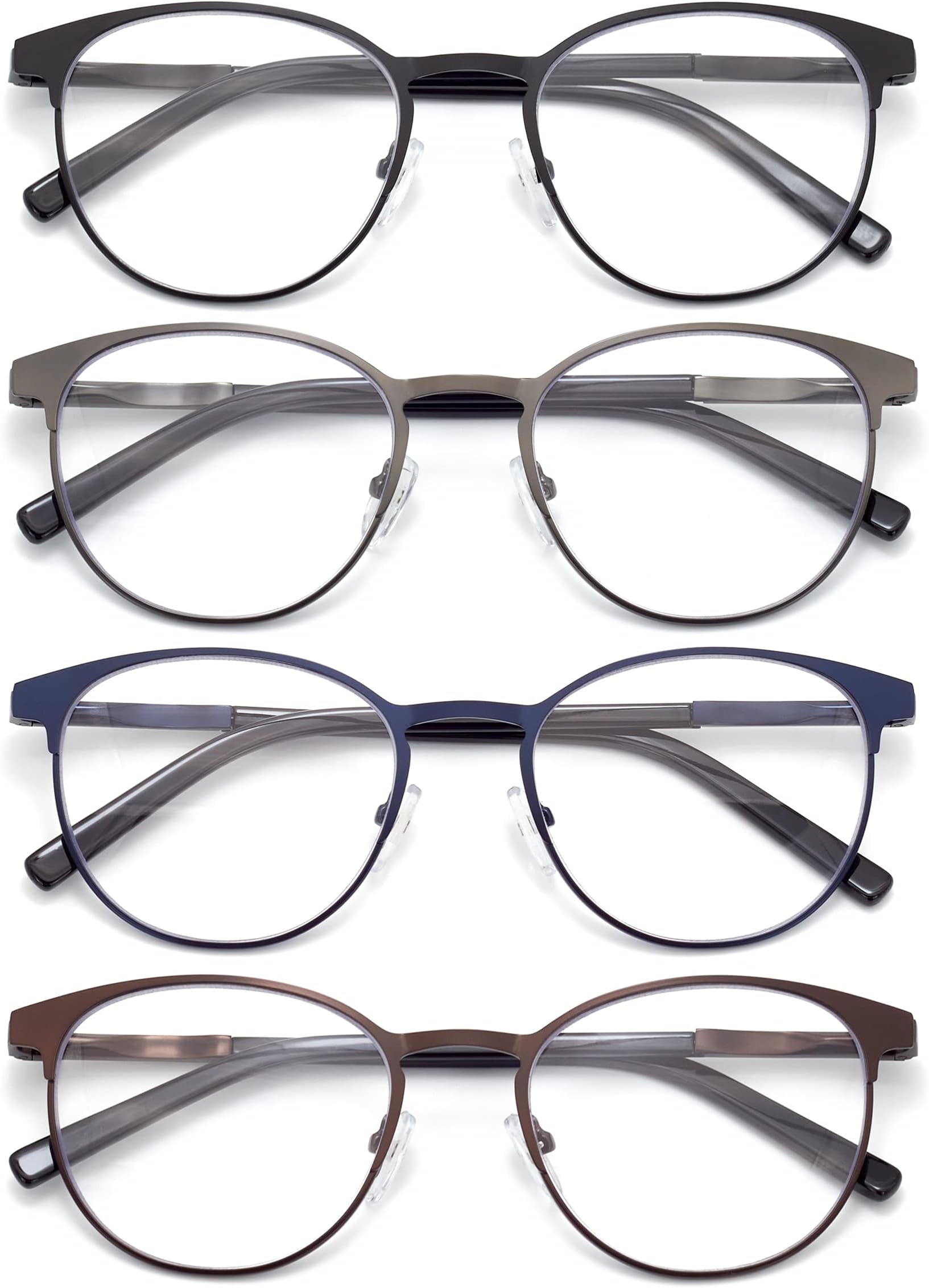 HIGHLIKE 4-Pack Round Metal Frame Blue Light Blocking Reading Glasses for Women Men, Spring Hinge Readers Anti Eye Strain