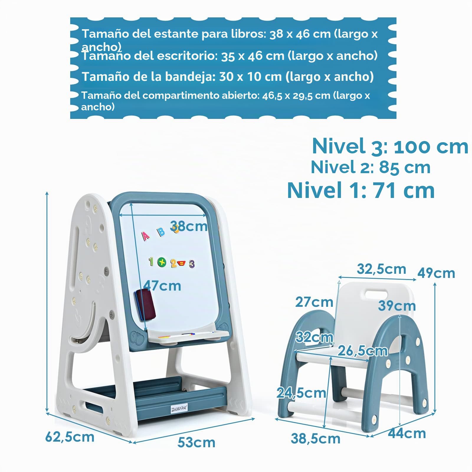 LIFEZEAL Juego de mesa con caballete magnética y librería, mesa con pizarra blanca, escritorio infantil con tabla plegable de dibujo, caballete ajustable con silla ergonómica para niños 3 años+ (Azul)