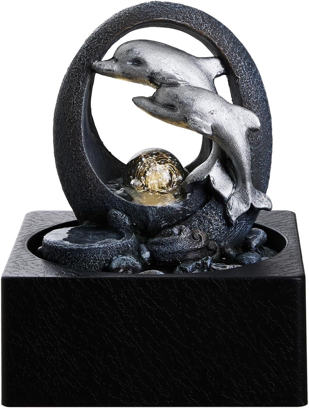 BTGGG Indoor Fountains with Rolling Ball LED Light Dolphin Indoor Waterfall 18 * 18 * 23CM Desktop Waterfall Fountain for Relaxation, 3 Pin UK Plug Included