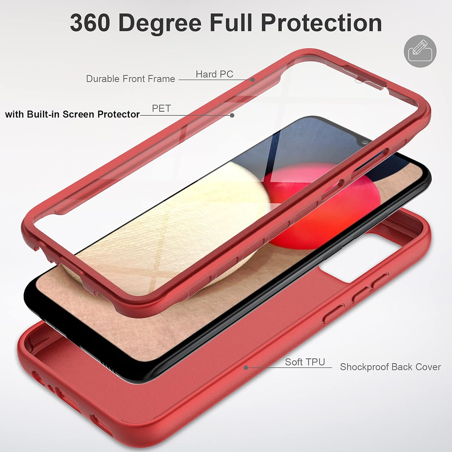 V/A for Samsung Galaxy A02s Case with Built-in Screen Protector, Full Body Protection Shockproof Cover Case, [Rugged PC Front Bumper + Soft TPU Back Cover] Armor Protective Phone Case (Red)