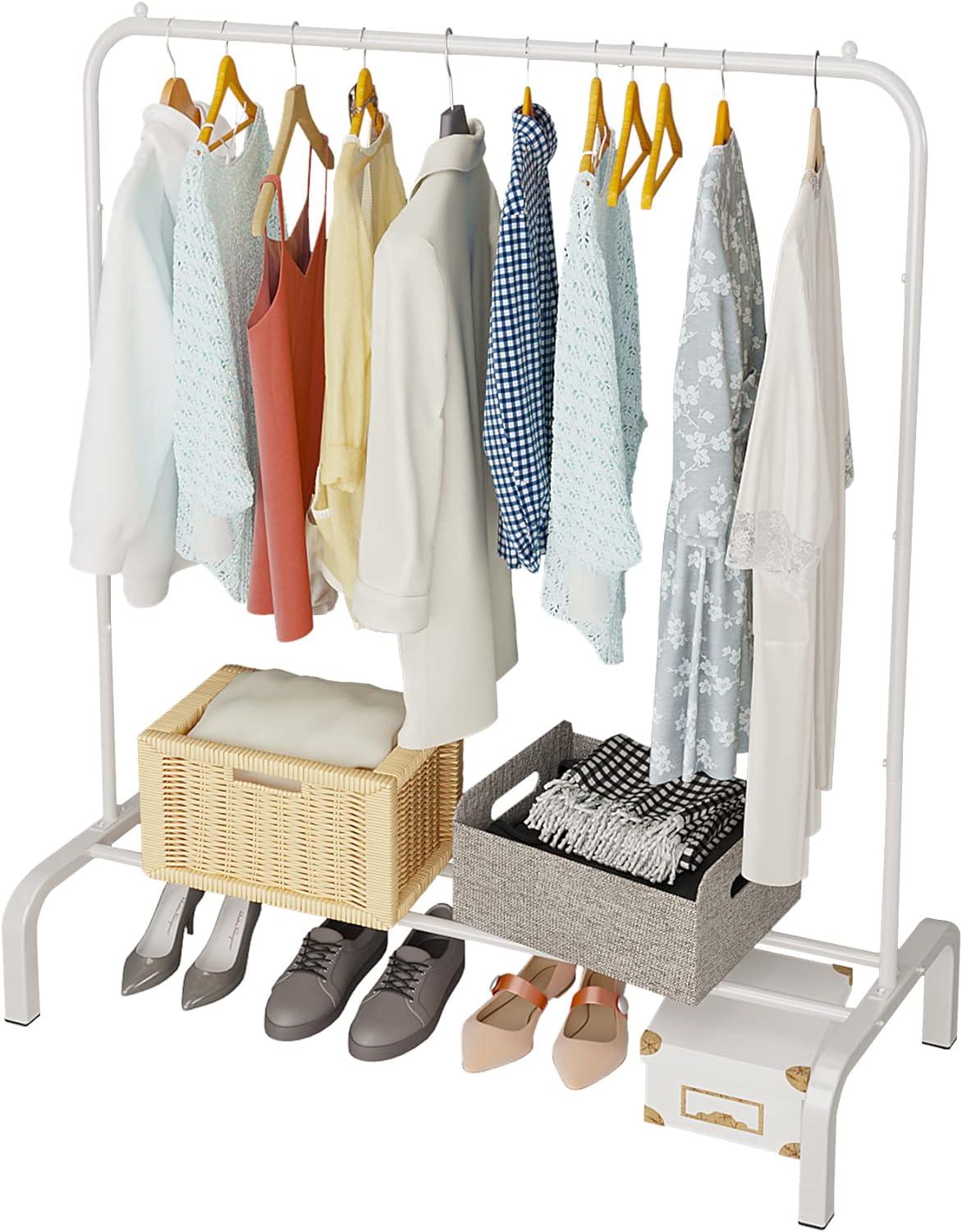 RR-INTL Metal Clothing Rack, 43.3 Inches Garment Rack with Bottom Shelf for Hanging Clothes, Coats, Skirts, Shirts, Sweaters (White)