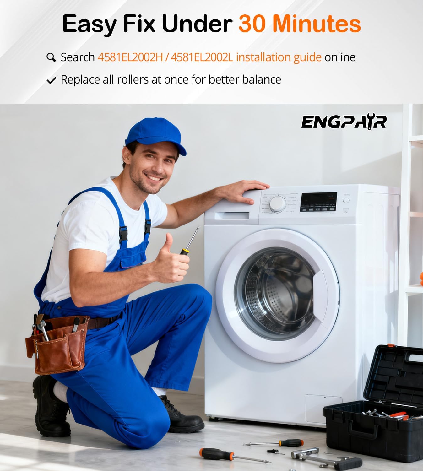 Upgraded EngPair (4 Pack) 4581EL2002L Ball-Bearing Dryer Drum Roller Kit for LG, Kenmore, replaces 4581EL2002C, AGM75510755, AP7220429, PS17269866, fits DLE3733W, DLE1501E, DLEX5680W and More