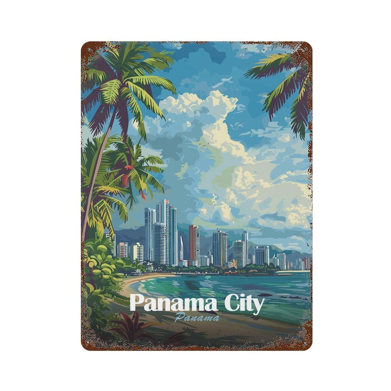 Panama City Skyline Aged Metal Wall Plaque 15.7"x11.8", Old School Wall Decor for Garage, Pub Or Kitchen