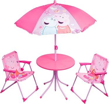 Peppa Pig Pink Patio Set Kid's Garden Furniture 4-Piece Kids Patio Set With Table, 2 x Chairs, Adjustable Parasol Cartoon Design For Children Peppa Pig
