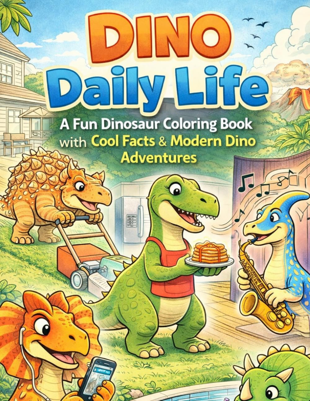 Dino Daily Life: A Fun Dinosaur Coloring Book with Cool Facts and Modern Dino Adventures