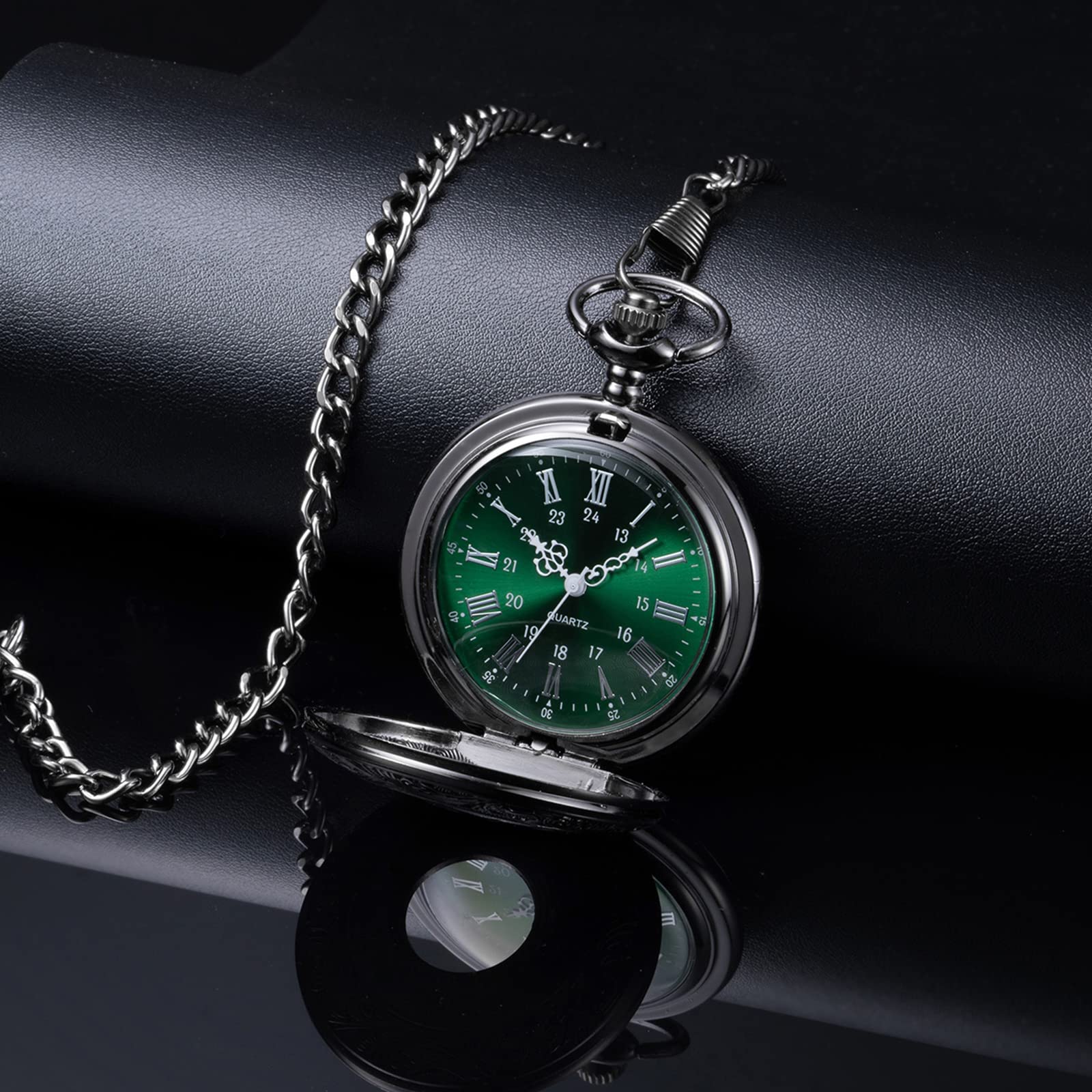 BOSHIYA Vintage Herren Taschenuhr mit Kette Einzigartiges Blau/Grün Römischen Ziffern Zifferblatt Analog Quarz Taschenuhr für Herren Schwarz/Silber