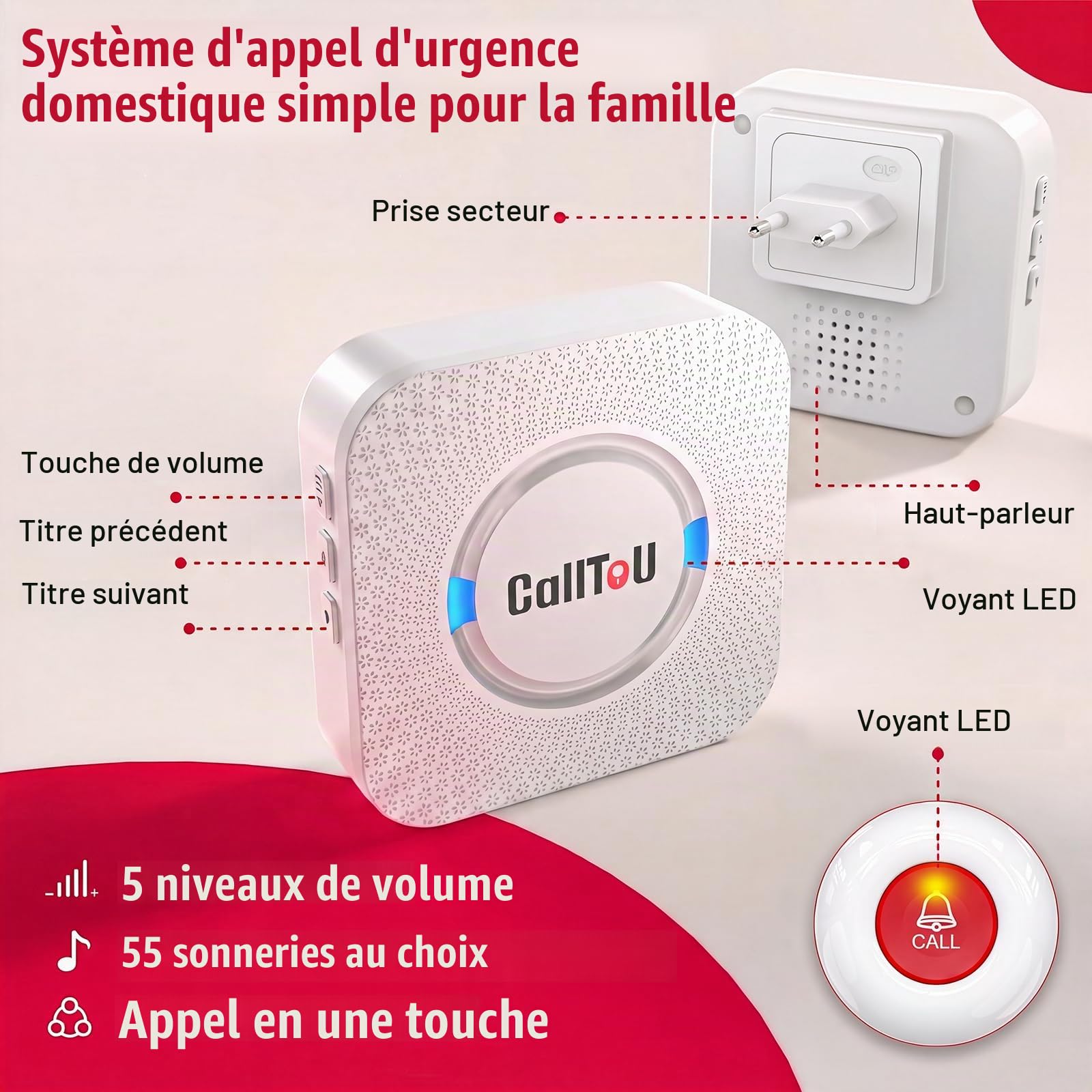 CallToU Bouton d'appel d'urgence Bouton d'appel sans Fil système d'alarme infirmière 500 + Pieds pour la Maison/Personnes âgées/Patients/handicapés (2 émetteurs 2 récepteurs)